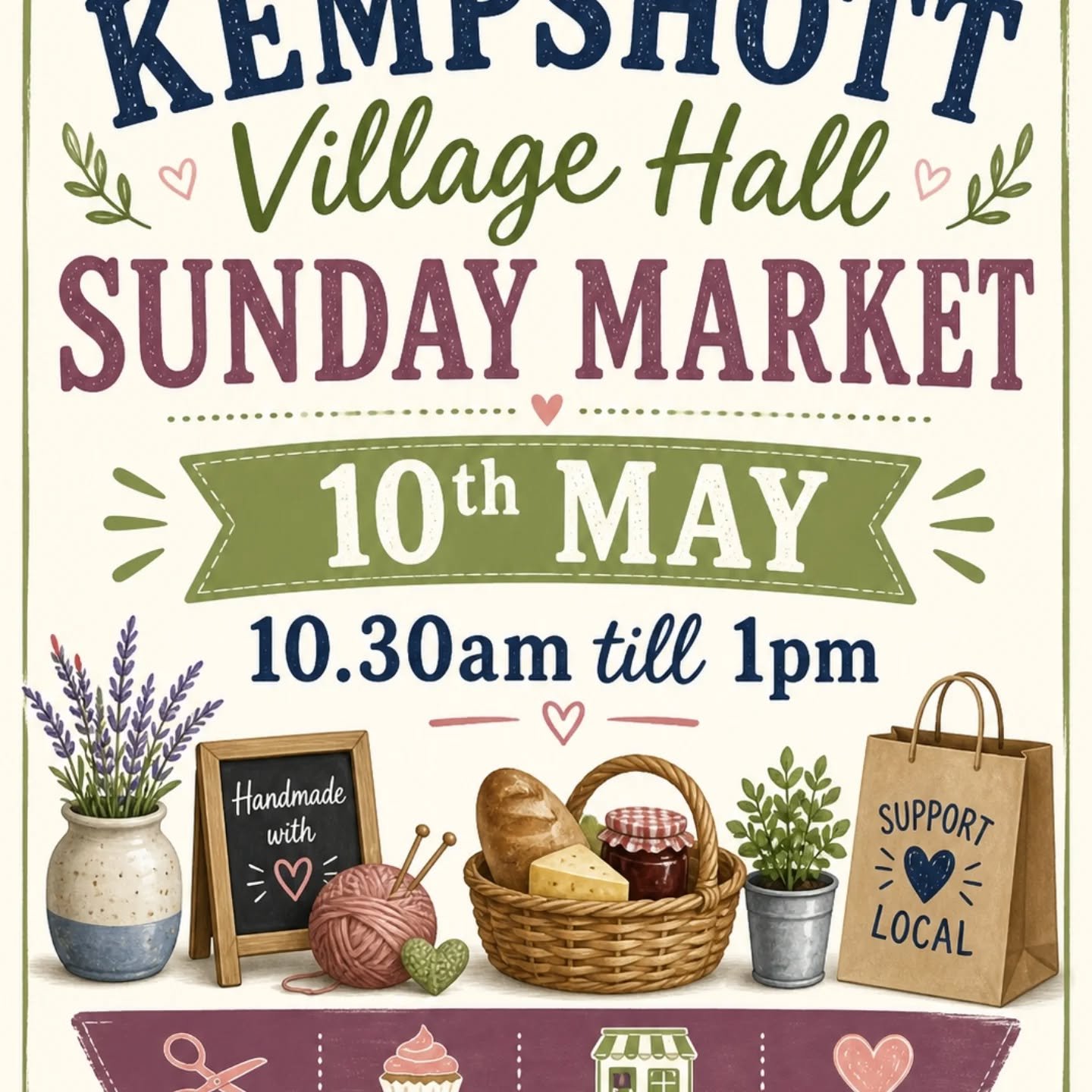 You can find us at our lovely regular market in Kempshott Village Hall, Basingstoke on Sunday 10th May 10.30am-1.00pm 

Pop along and support local crafters, producers and small businesses 🥰

#basingstokesmallbusiness 
#basingstokebusiness 
#basings