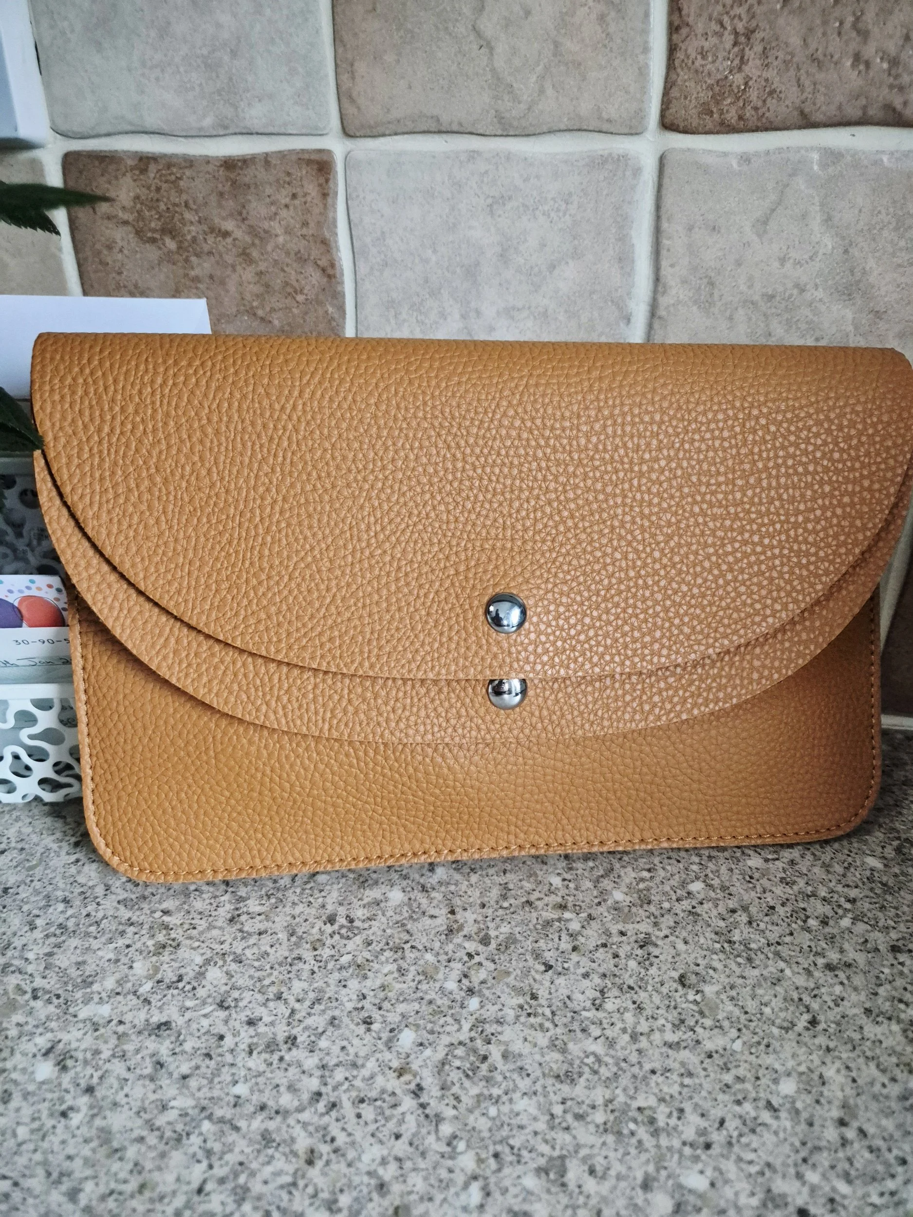 Faux Leather Flat Handbag - Mustard