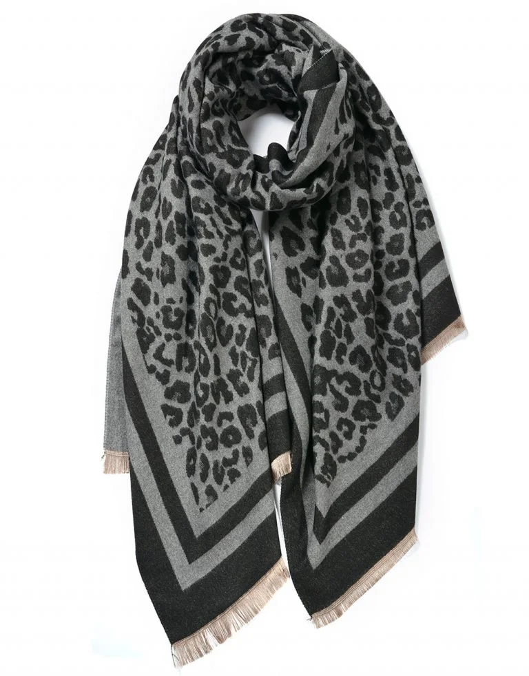 Leopard Double Border Scarf - Black