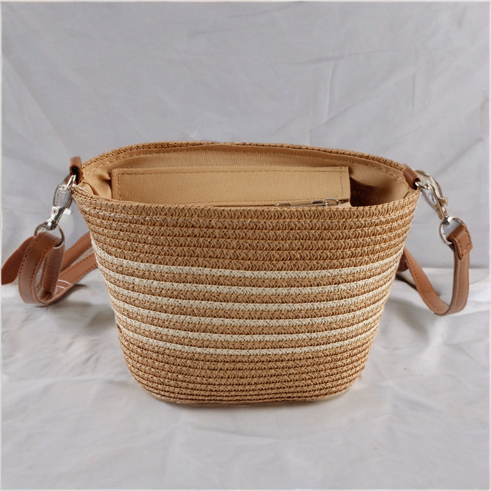Striped Straw Handbag - Camel