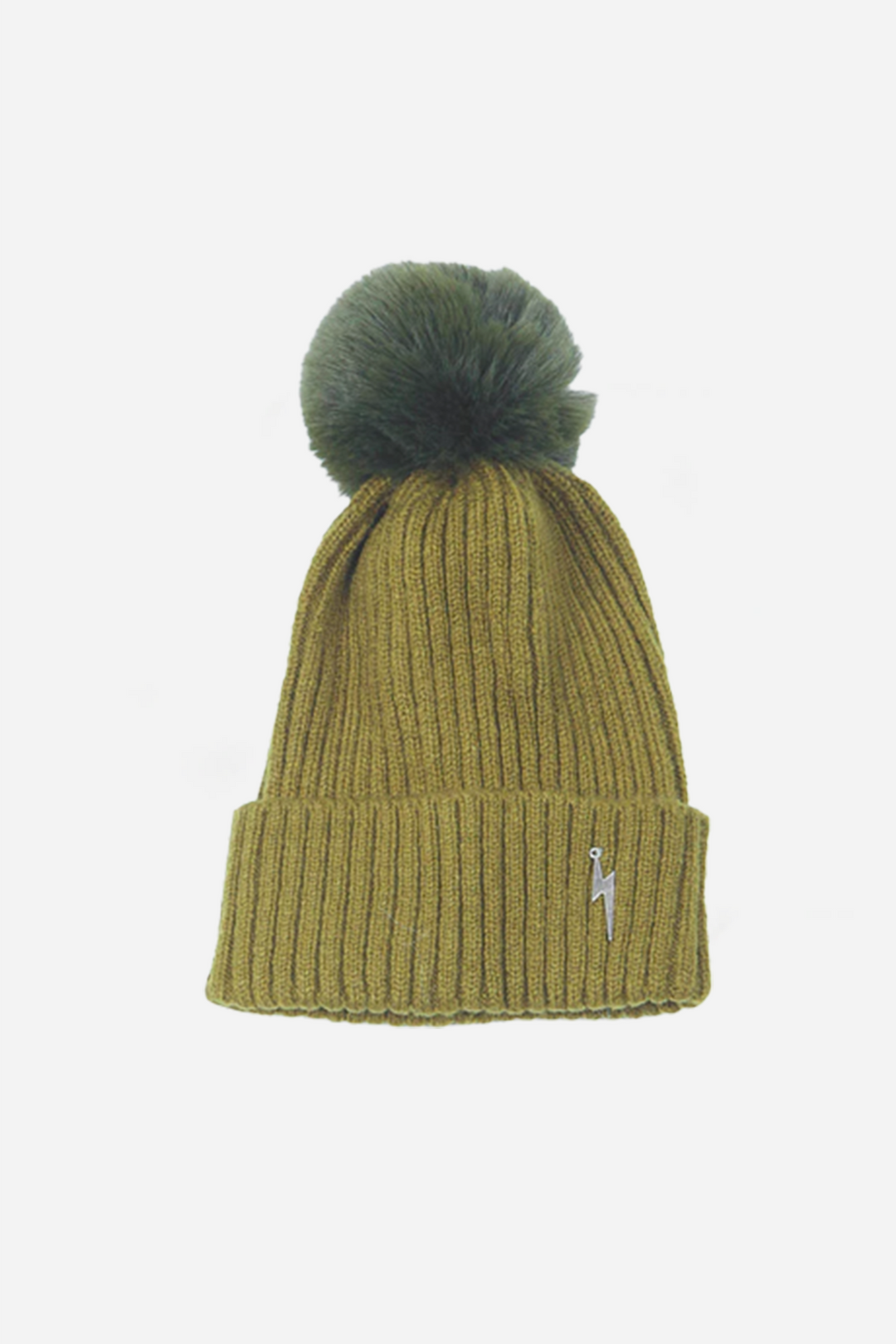 Pom Pom Hat with Lightening Bolt Detail - Khaki