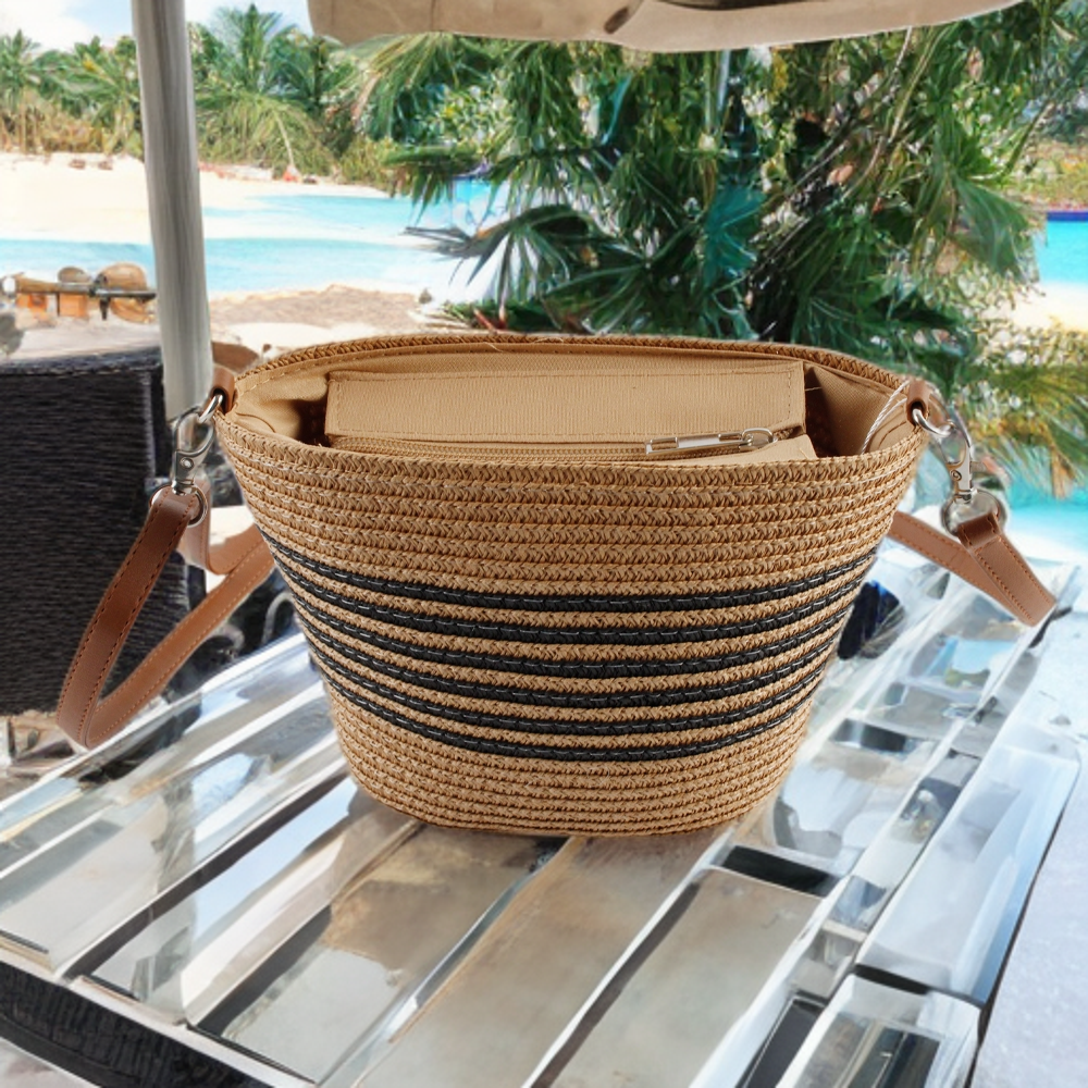 Striped Straw Handbag - Brown