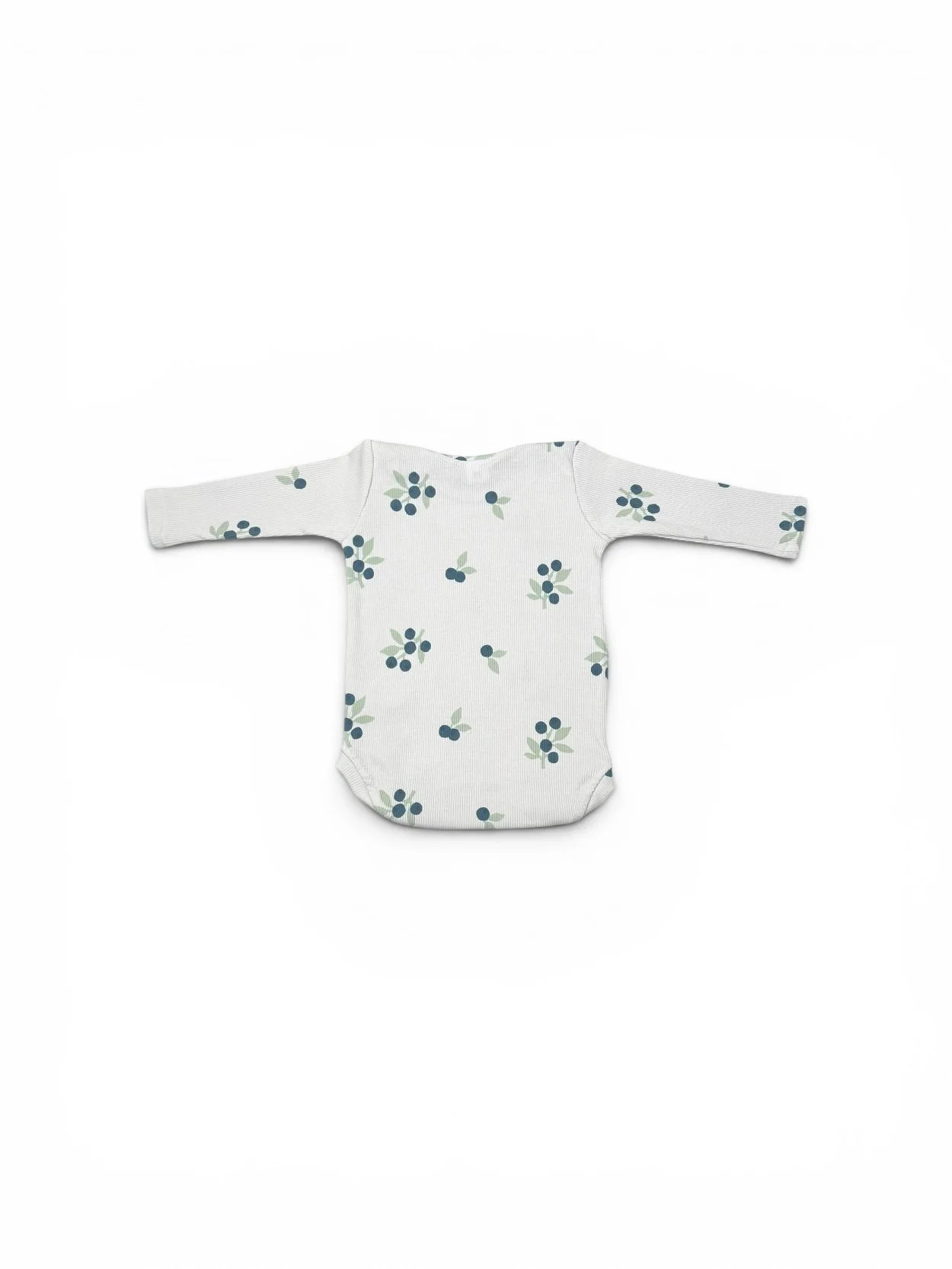 Back of Blueberry Baby Bodysuit in soft ribbed cotton with all-over blueberry print.