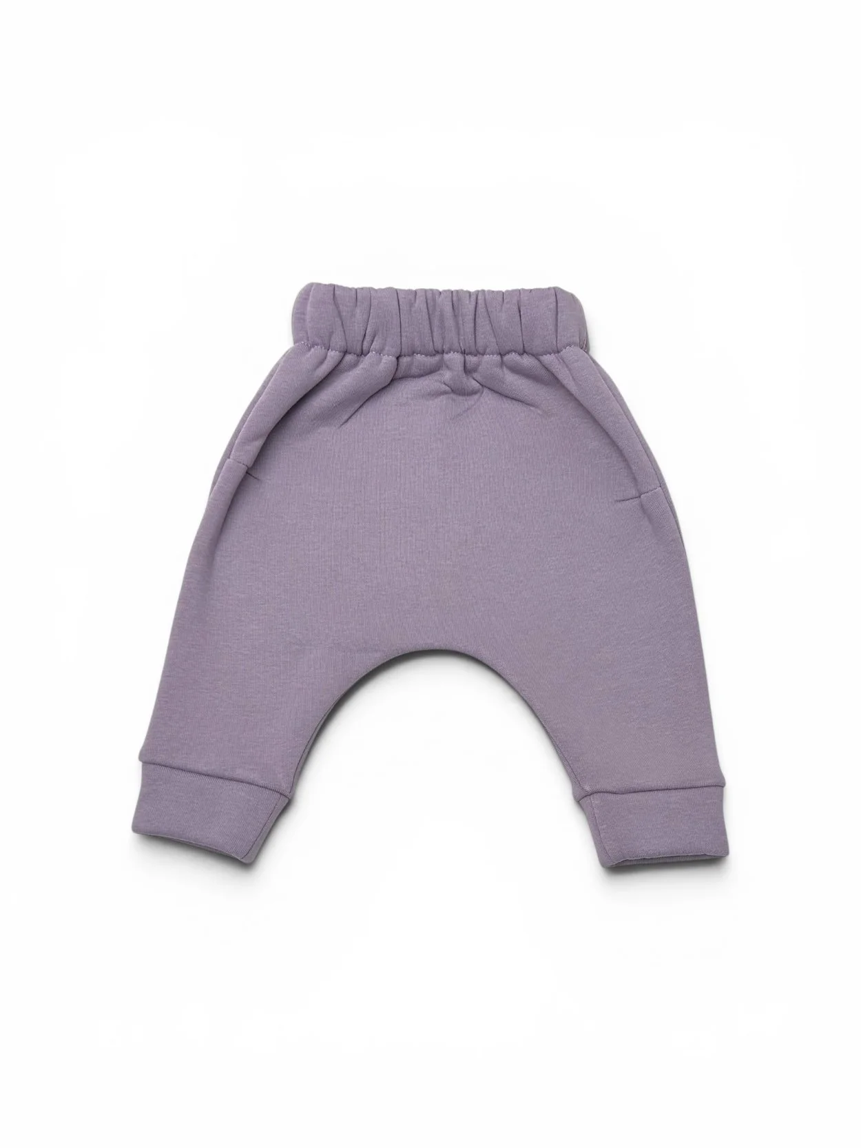 Back view of DressUpBaby lilac baby and toddler baggy jogger trousers made from a soft, warm cotton blend.