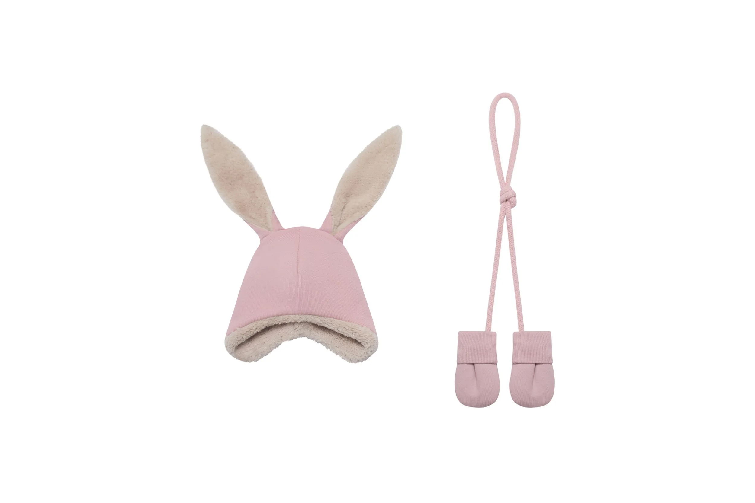 Pink baby winter set including a pilot-style fleece-lined bunny-ear hat and matching pink mittens with a string, displayed on a white background.
