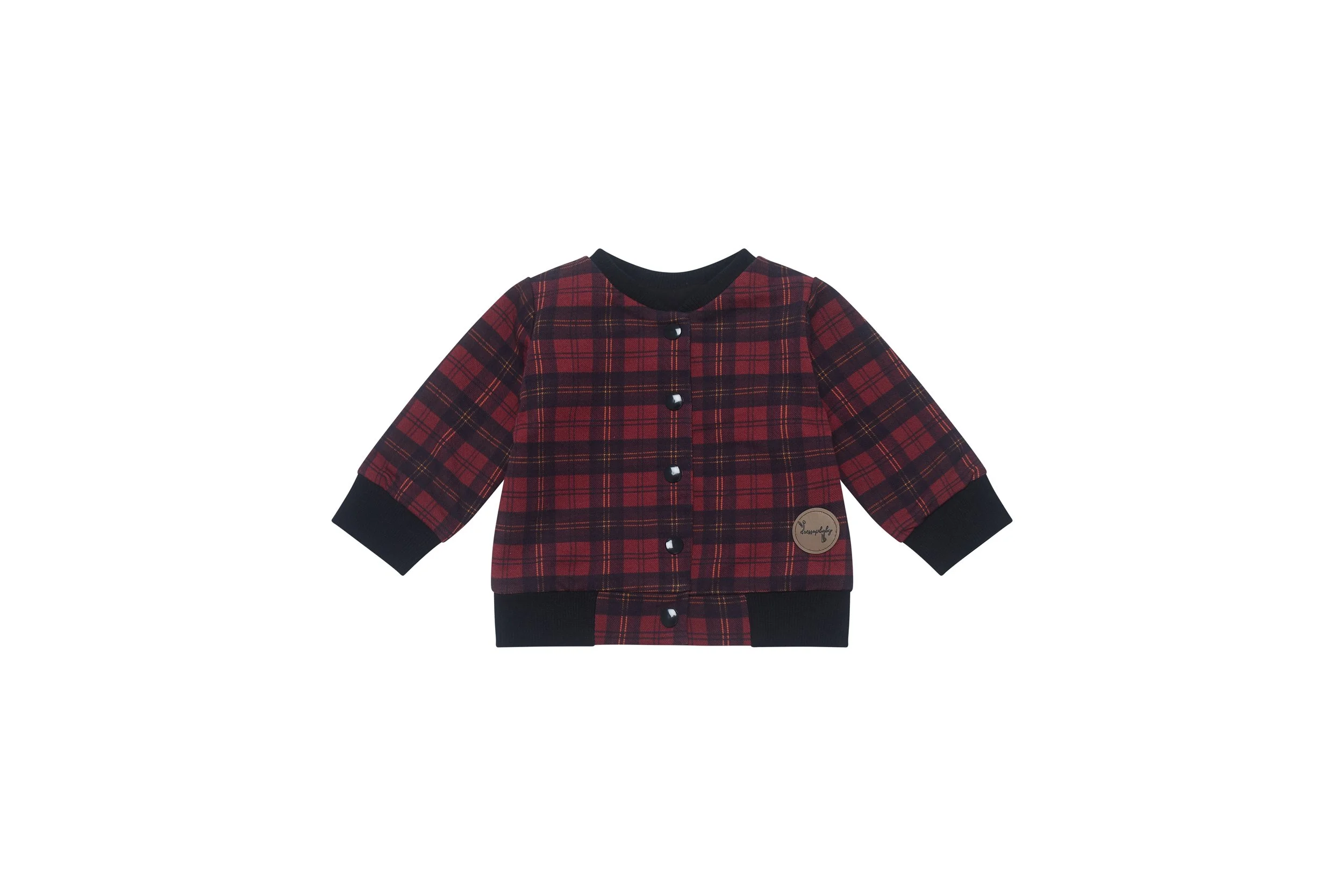 Red and black tartan baby jacket with black cuffs, black neckline, and snap buttons, displayed on a white background.