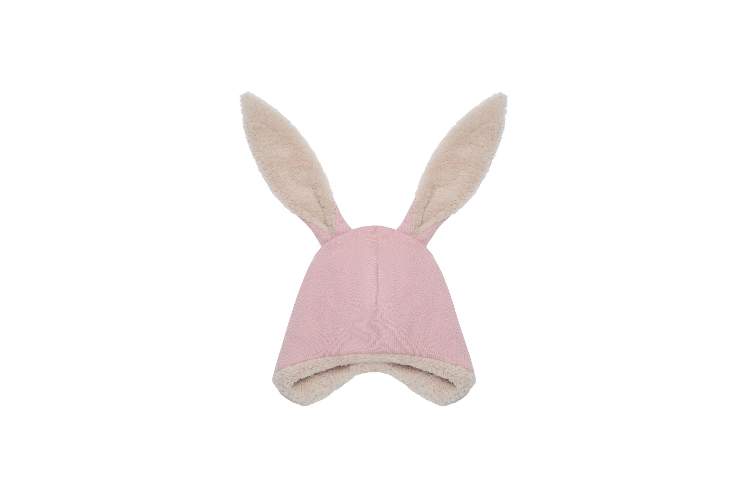 Pink pilot-style baby hat with long beige bunny ears and soft fleece lining, displayed on a white background.