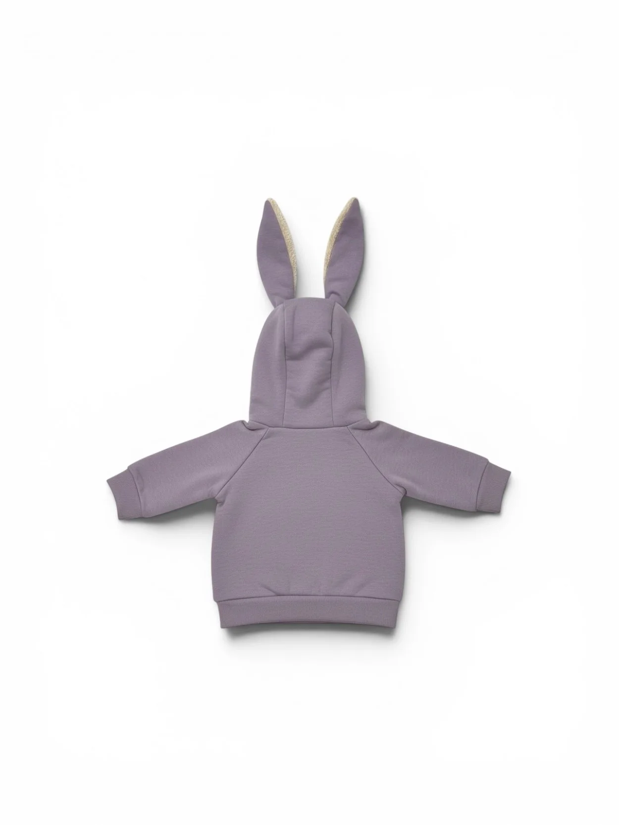 Back of Lavender Bunny Ear Baby Jacket featuring a hood with bunny ears and soft cotton fabric.