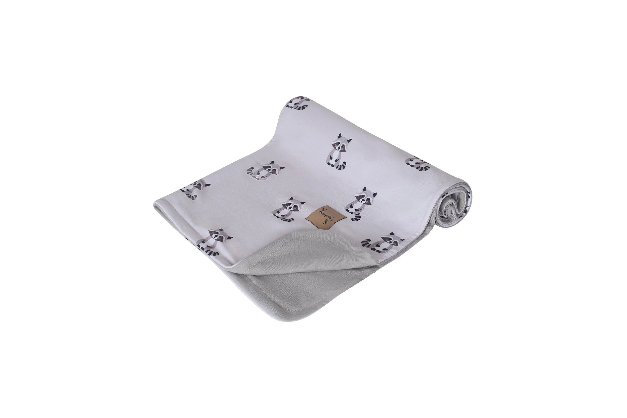 Reversible baby blanket with exclusive DressUpBaby raccoon print and soft grey backing