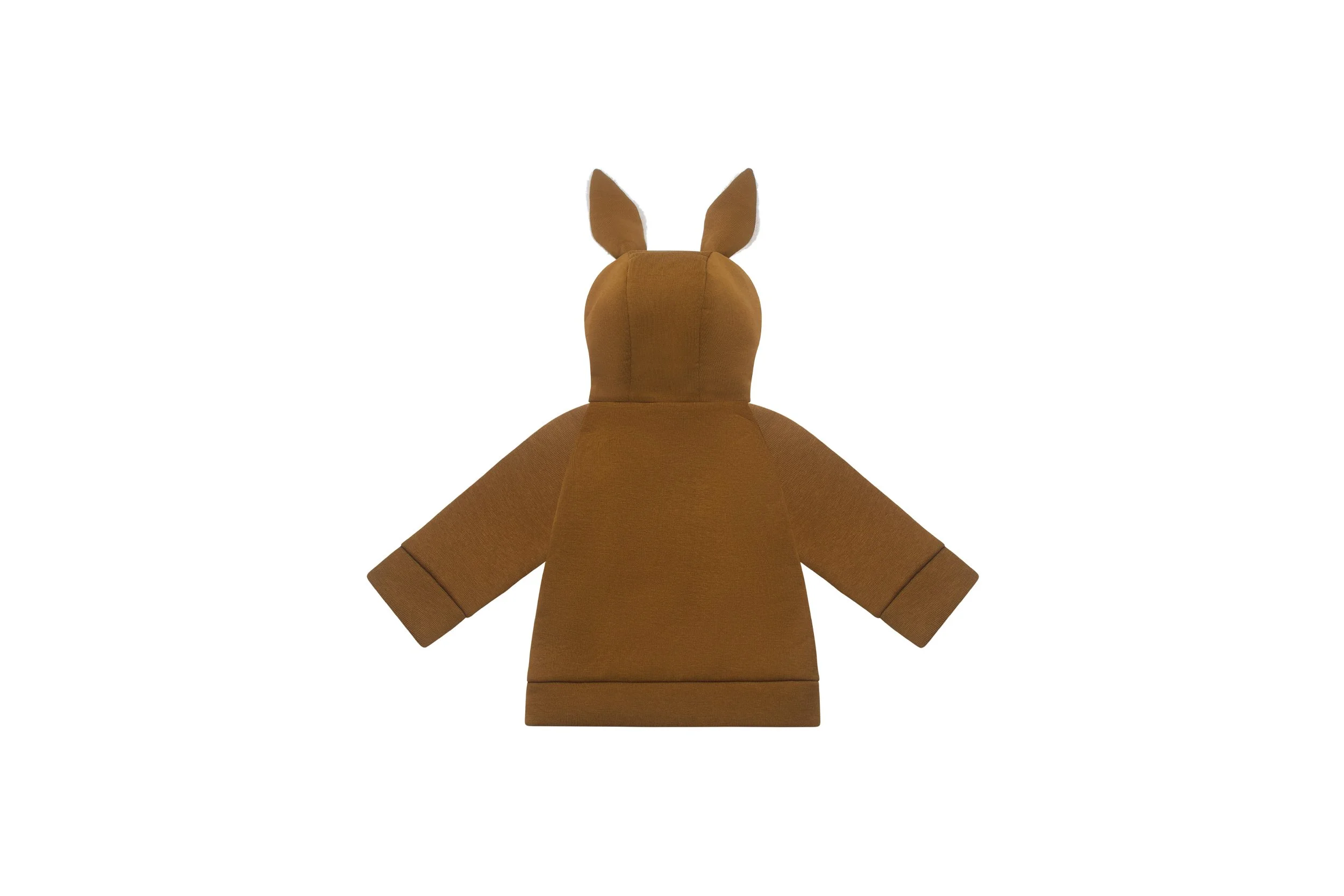 Back view of a golden brown baby jacket featuring a hood with plush bunny ears, shown on a white background.