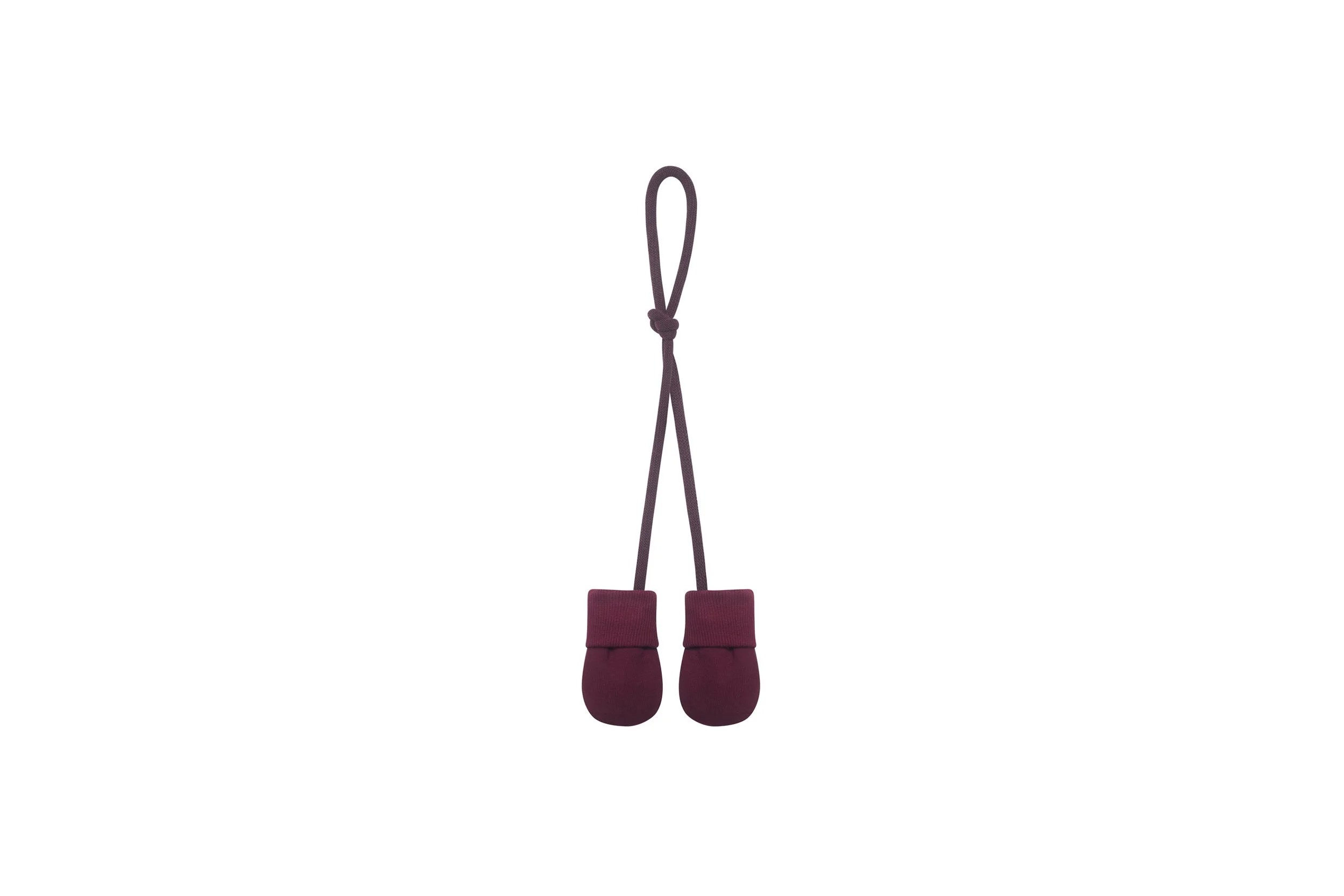 Burgundy baby mittens connected with a matching string, displayed on a white background.