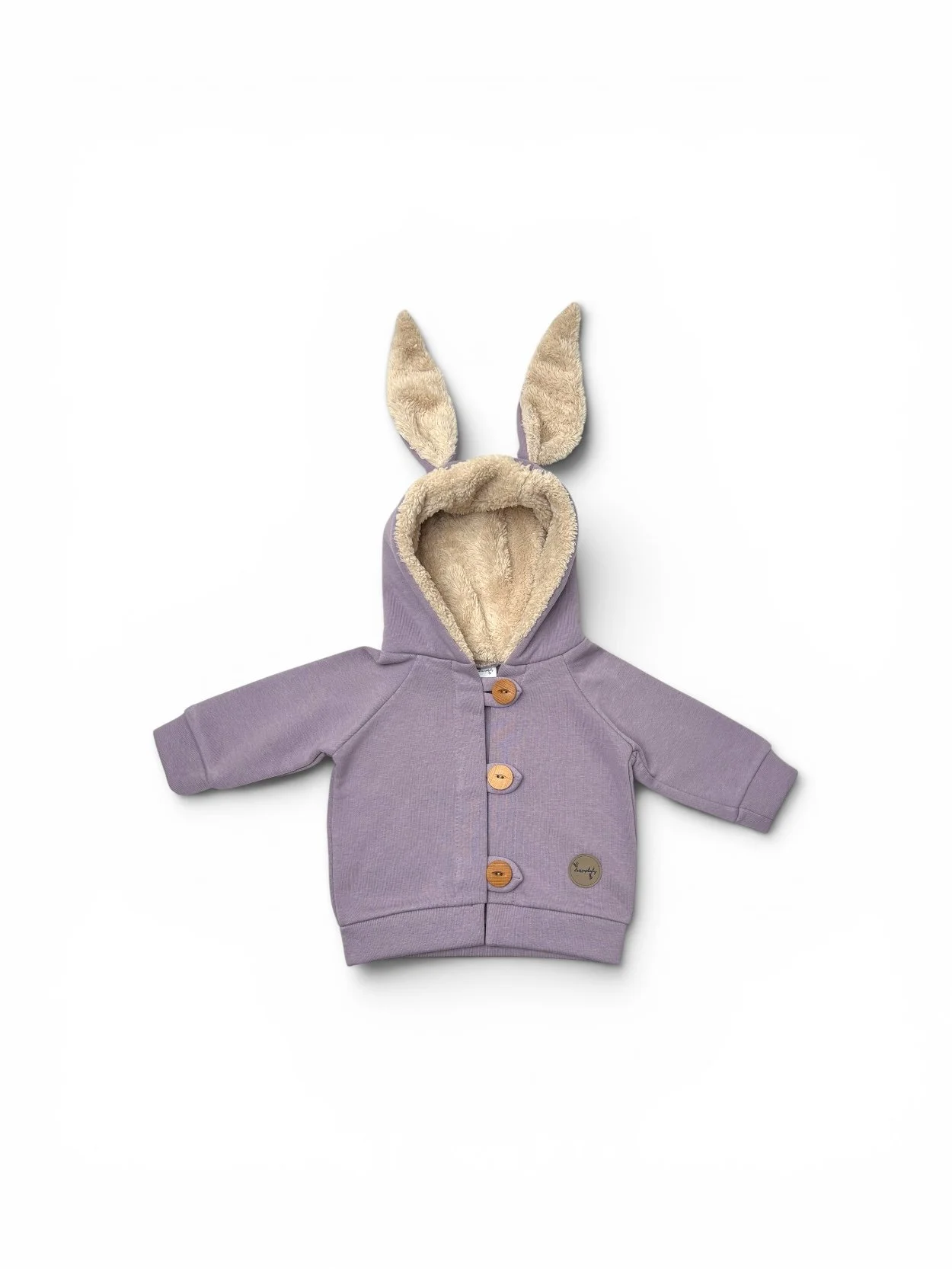 Lavender Bunny Ear Baby Jacket with soft faux-fur lining, wooden buttons and hood with bunny ears.