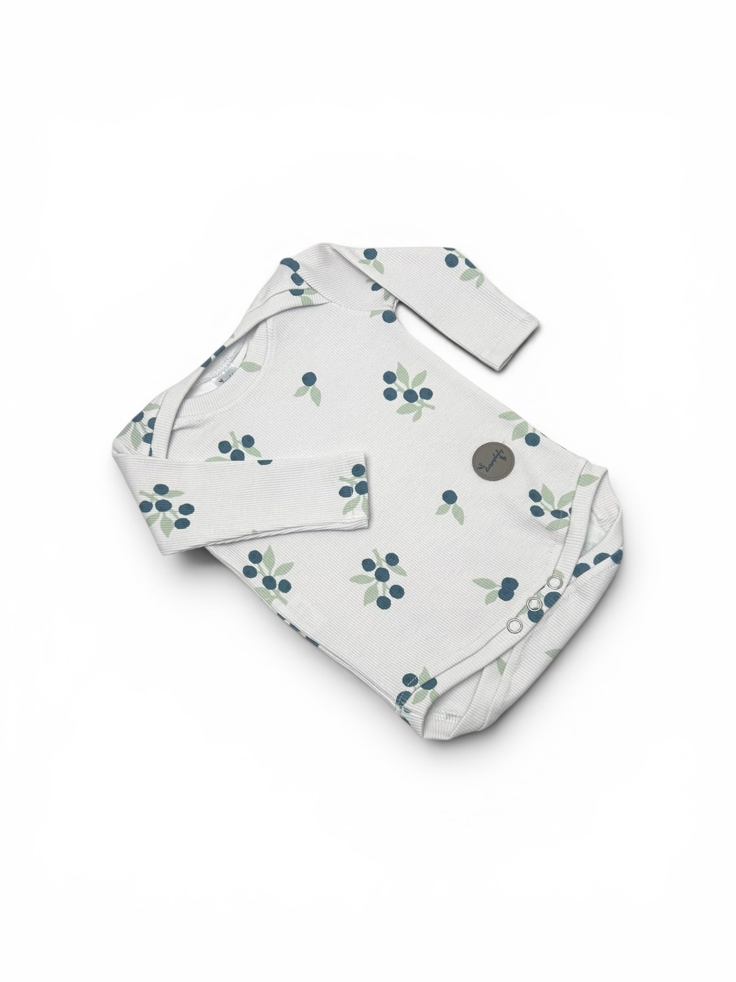Blueberry Baby Bodysuit flat lay showing envelope neckline, press studs and ribbed cotton fabric.