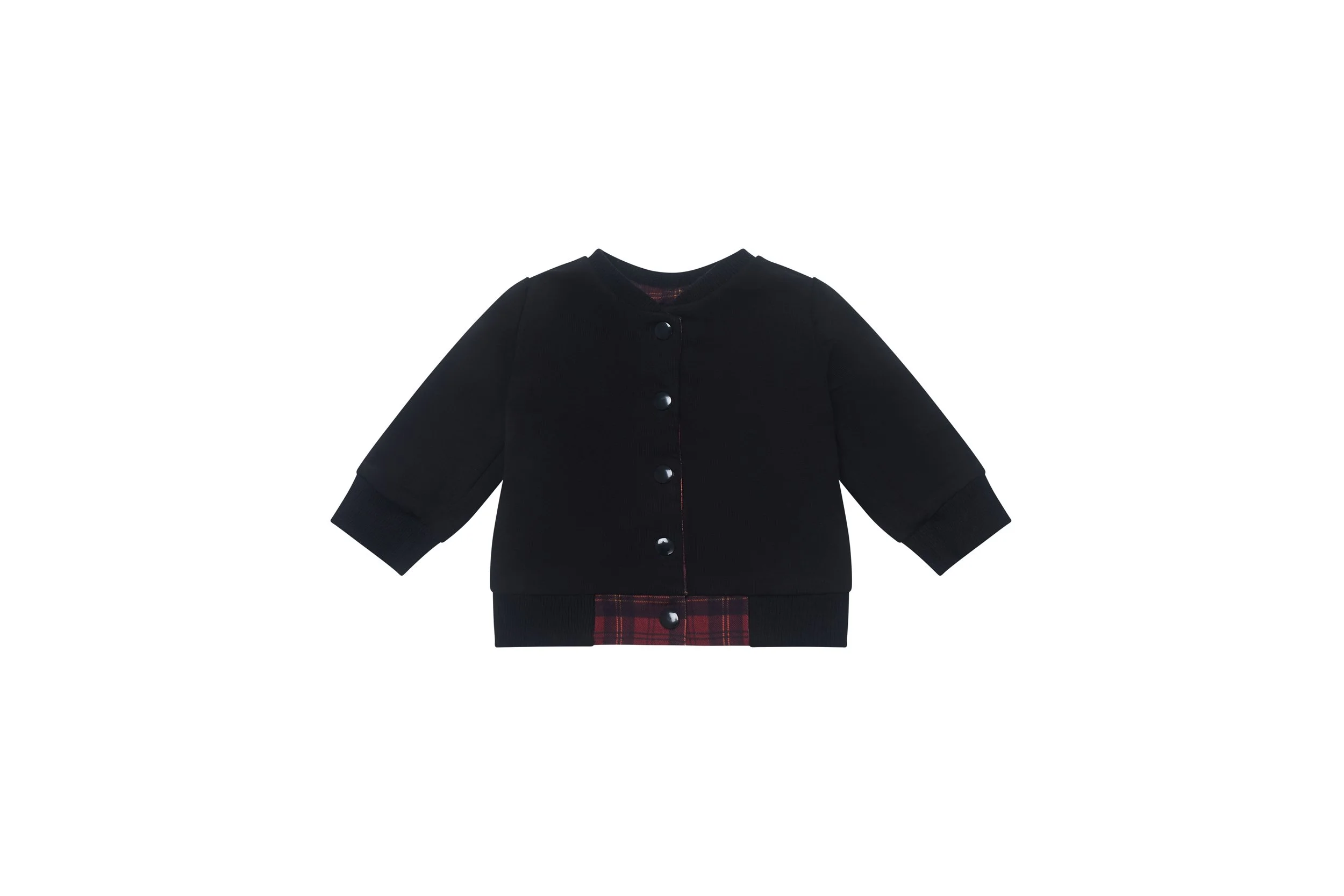 Black baby jacket with snap buttons and a hint of tartan lining showing at the hem, displayed on a white background.