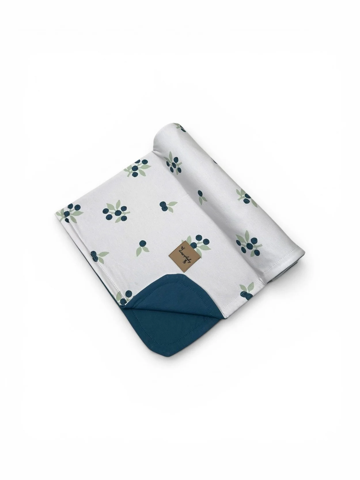 Folded DressUpBaby blueberry baby blanket featuring an exclusive blueberry print on white fabric with a soft teal reverse.