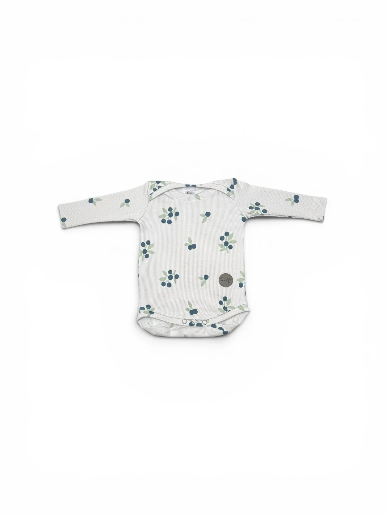 Blueberry Baby Bodysuit handmade from soft ribbed cotton with long sleeves and blueberry print.