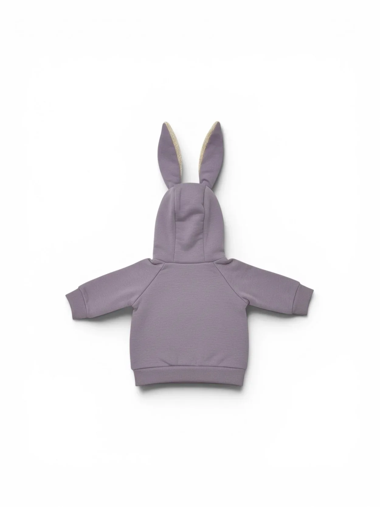 Back of Lavender Bunny Ear Baby Jacket featuring a hood with bunny ears and soft cotton fabric.