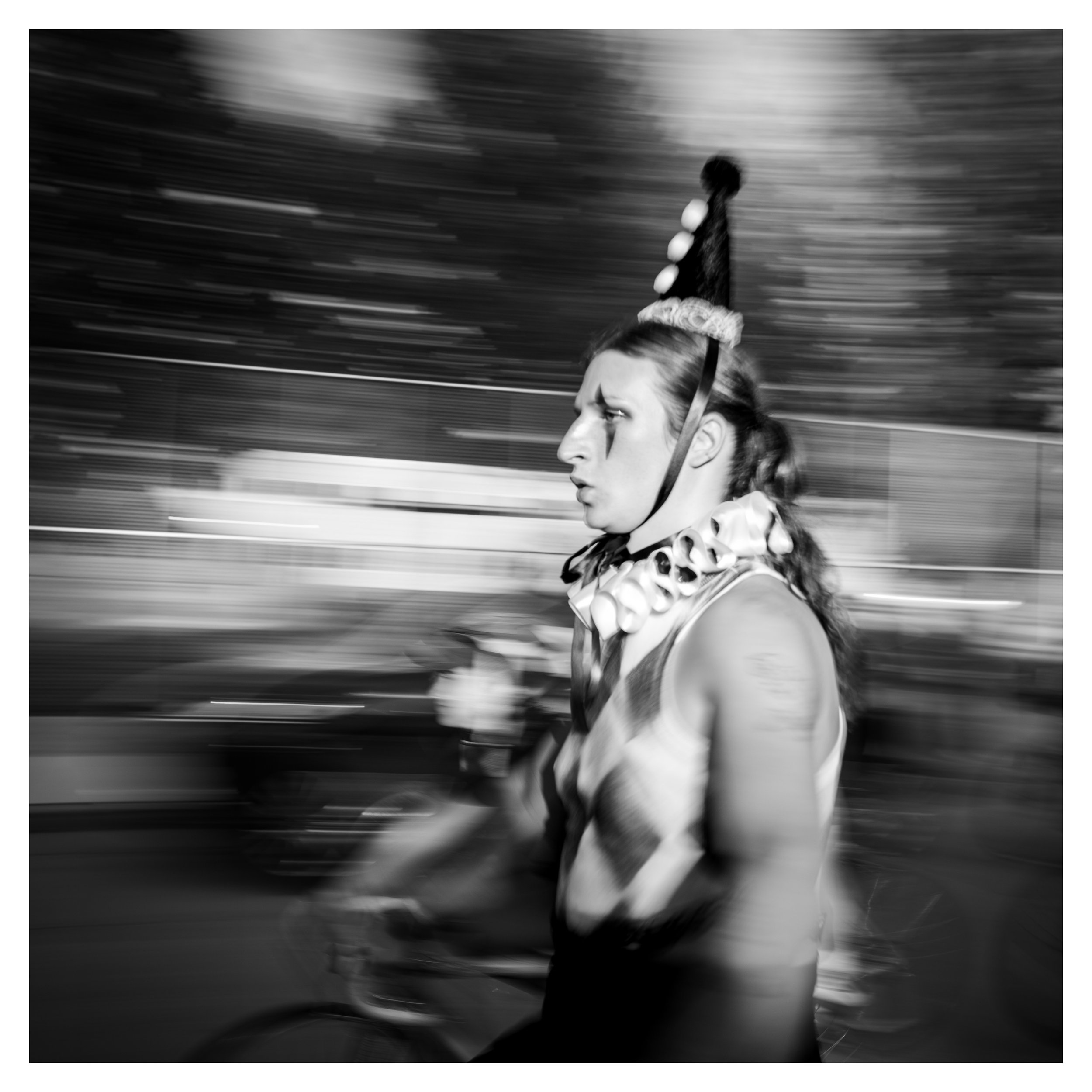 Whimsical night photograph of bicyclist in Riverwest 24 race  done in Black and white