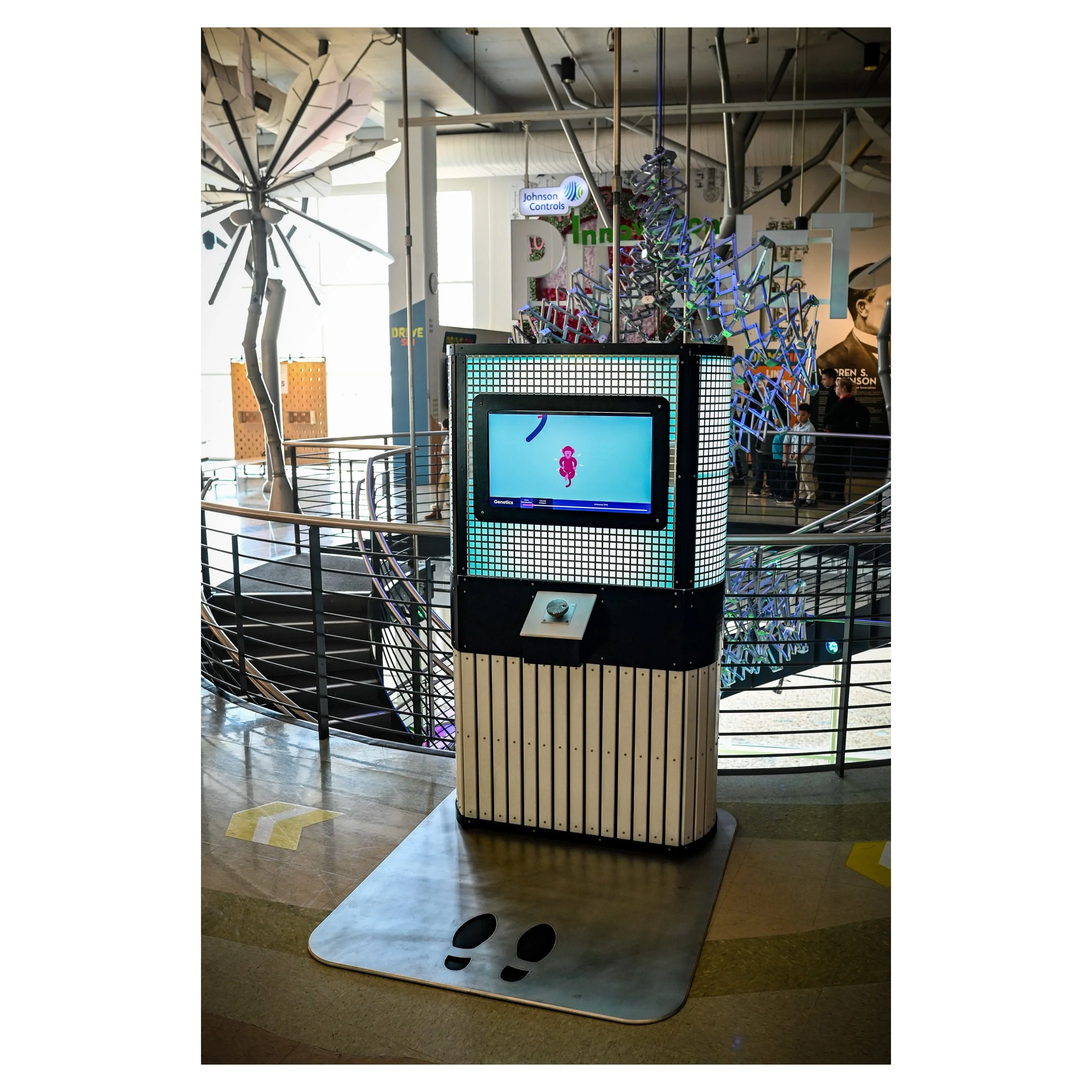 Interactive kiosks at Discovery World in Milwaukee.  Back lit perforated panels with interactive screen panels for educational material