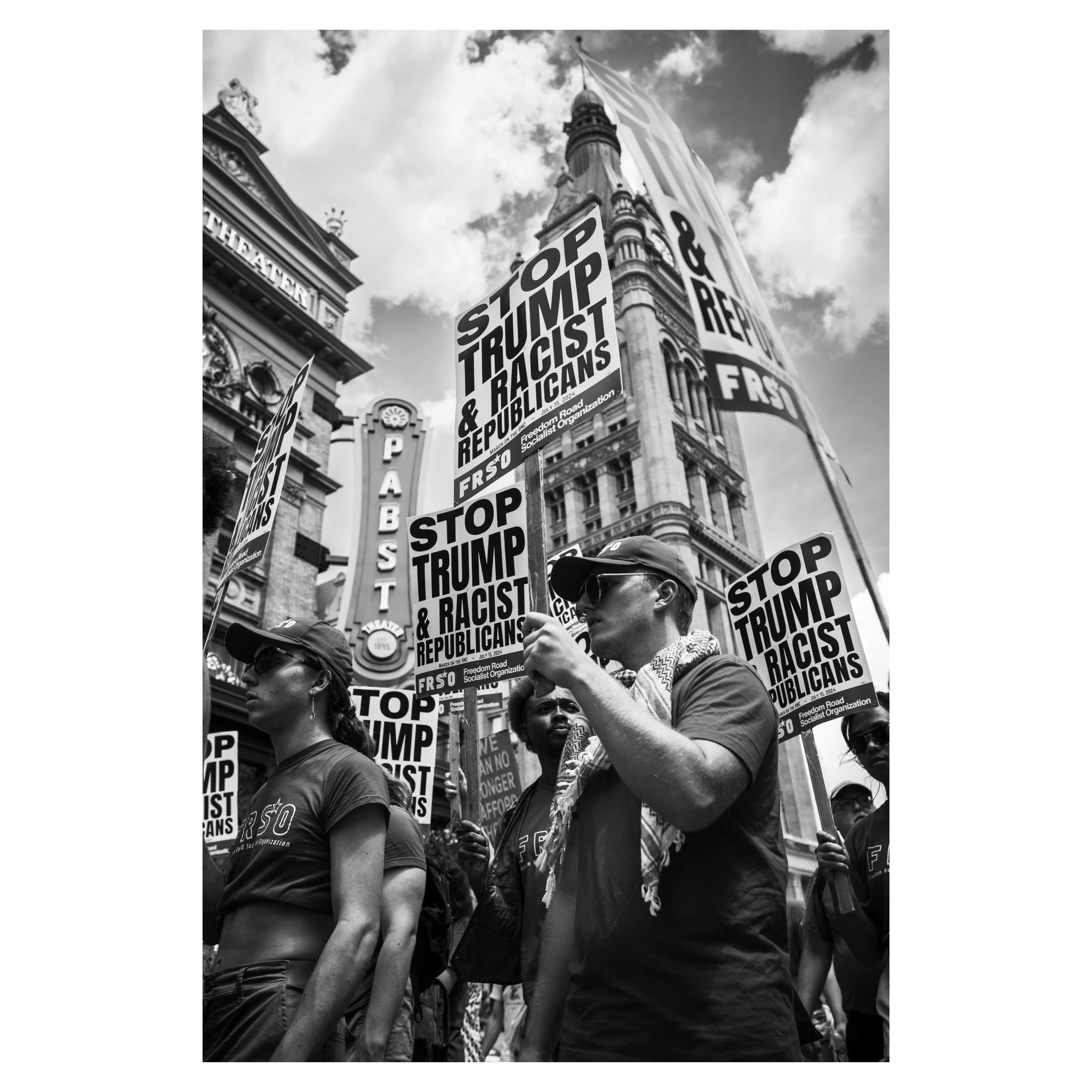 Black and white street photo of protester at the Republican National Convention in Milwaukee