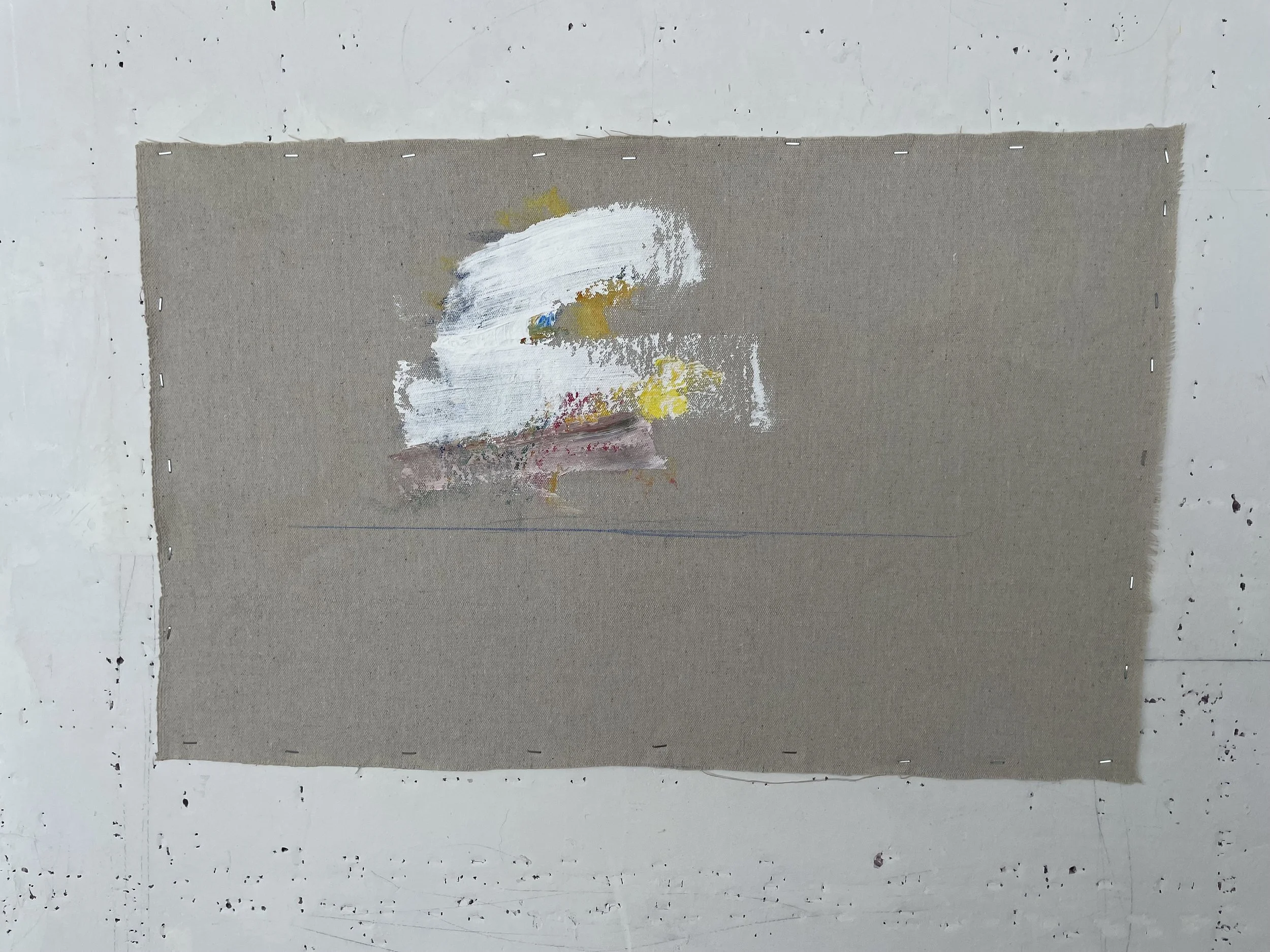 Press, 2025, acrylic and pencil on canvas, 18.5x29.5 in. 