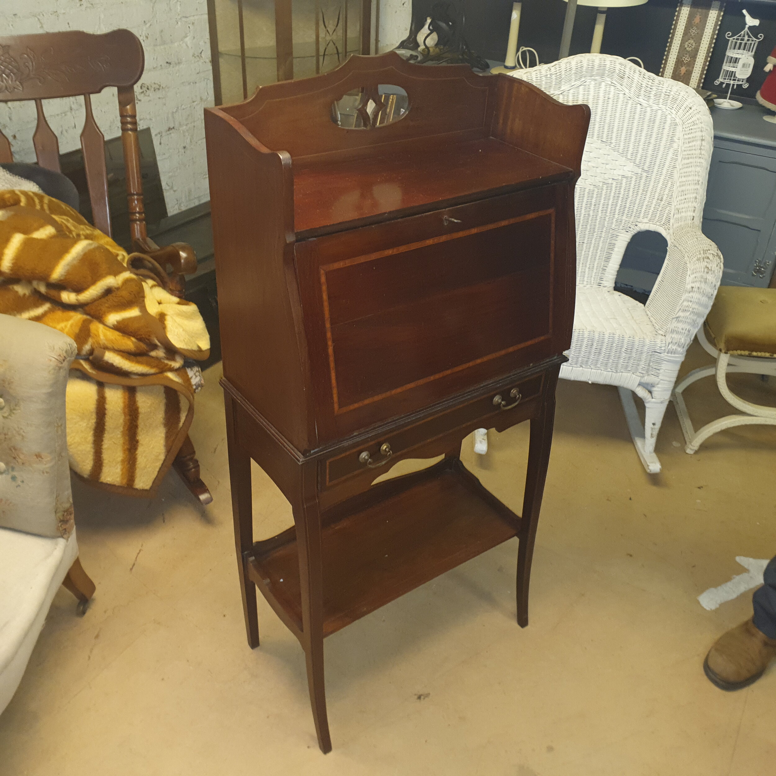 £110 small bureau (maple & co) - 61cm wide x 29cm deep x 124cm high - needs loving