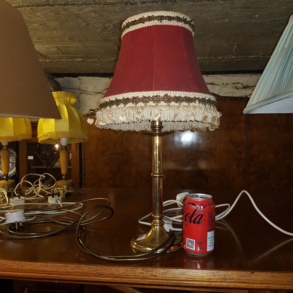 £20 red shade with brass base table lamp — RG Scott Furniture Mart