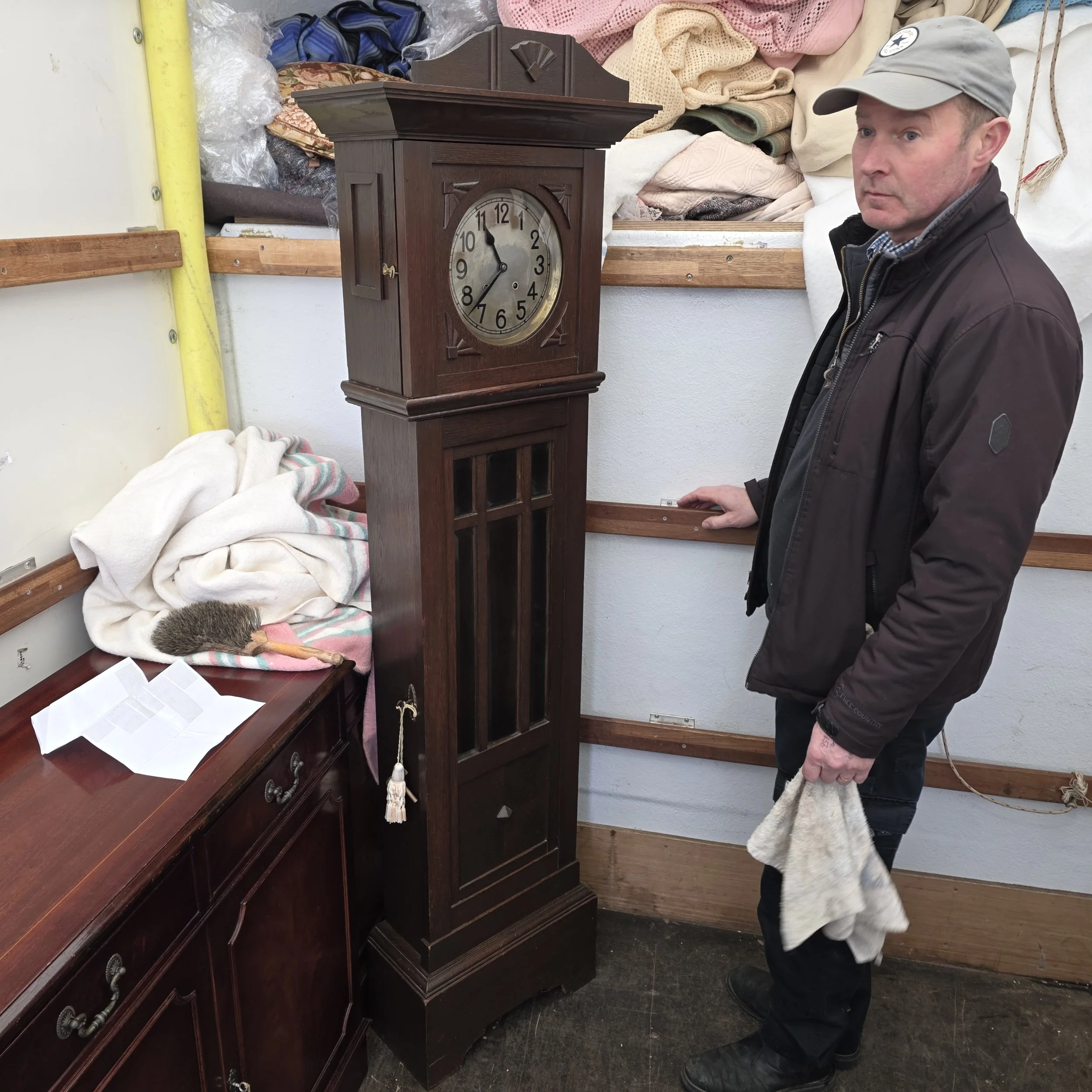 £175 - 0ak grandfather clock -  52cm wide 24cm deep 183cm high - needs a little attention