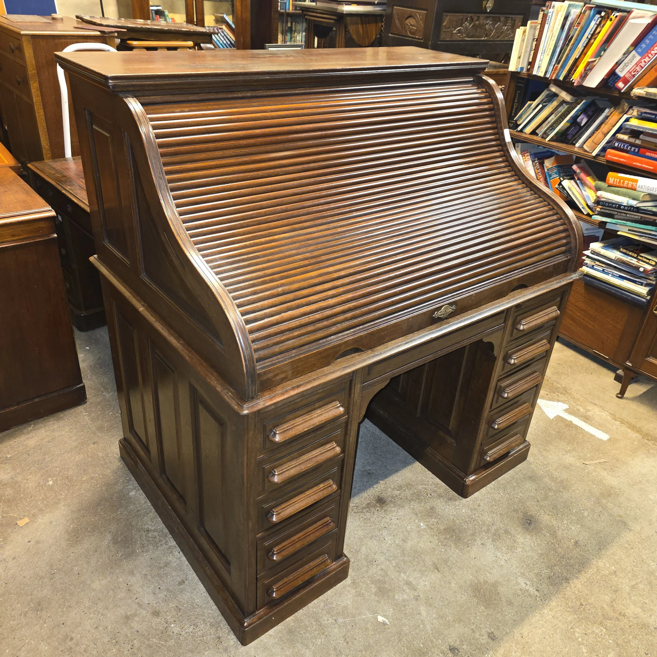 £550 - oak roll top desk - 122cm wide 86cm deep 130cm high