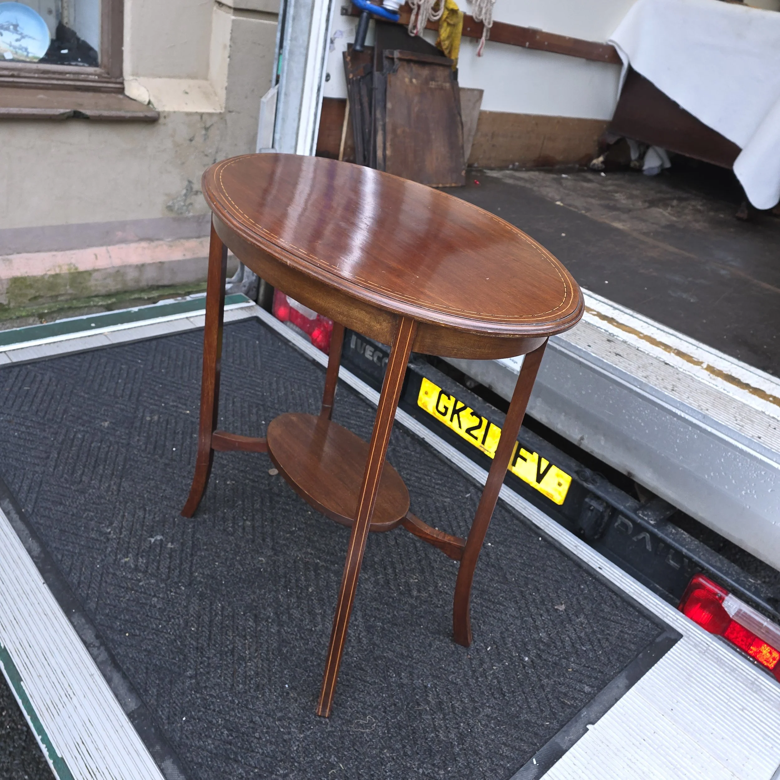 £70 - inlaid mahogany oval occasional  table  - 69cm wide 45cm deep 69cm high
