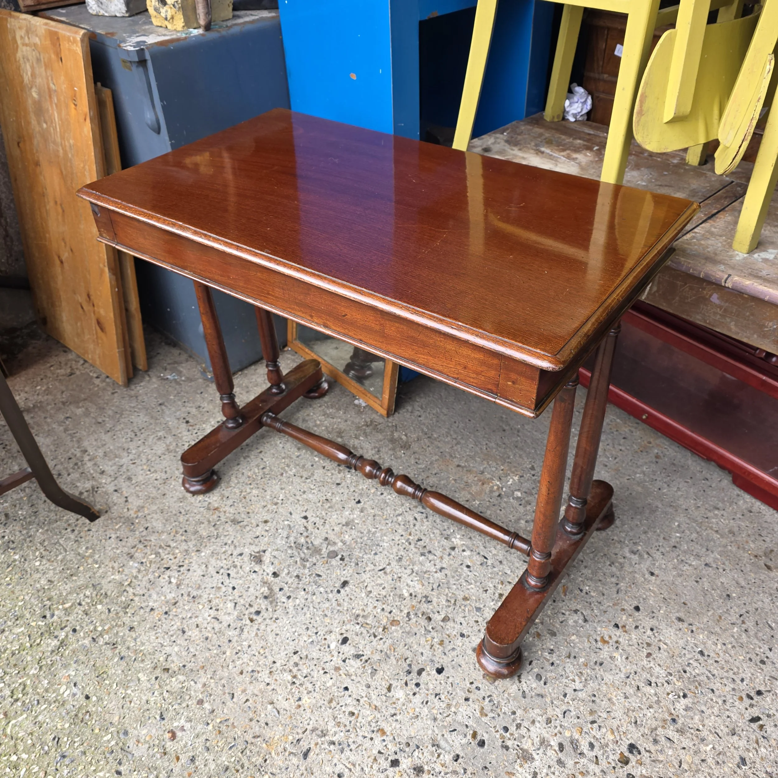 £95 - stretcher table  mahogany antique  - 88cm wide 50cm deep 72cm high