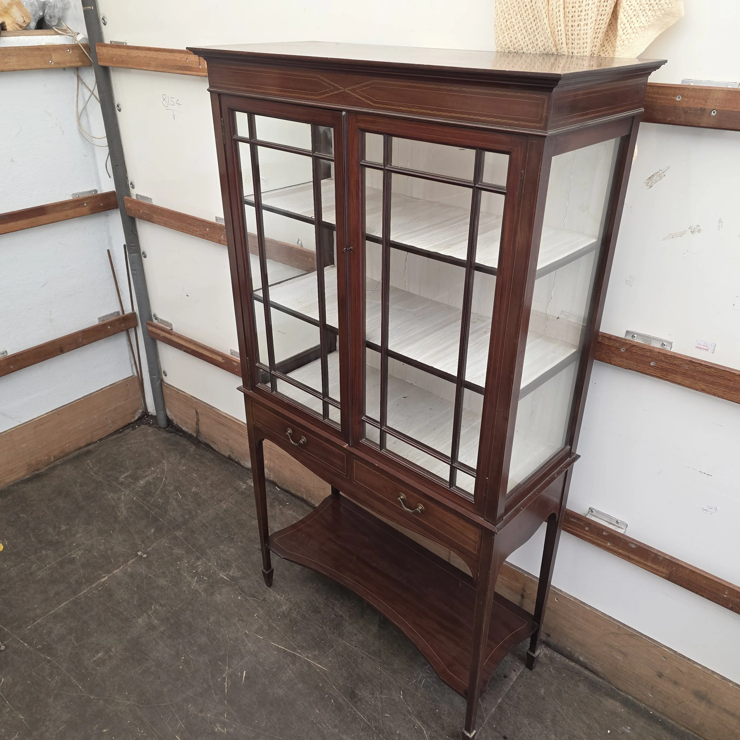 £135 - Maple and co display cabinet  - 87cm wide 37cm deep 158cm high - one glass damaged