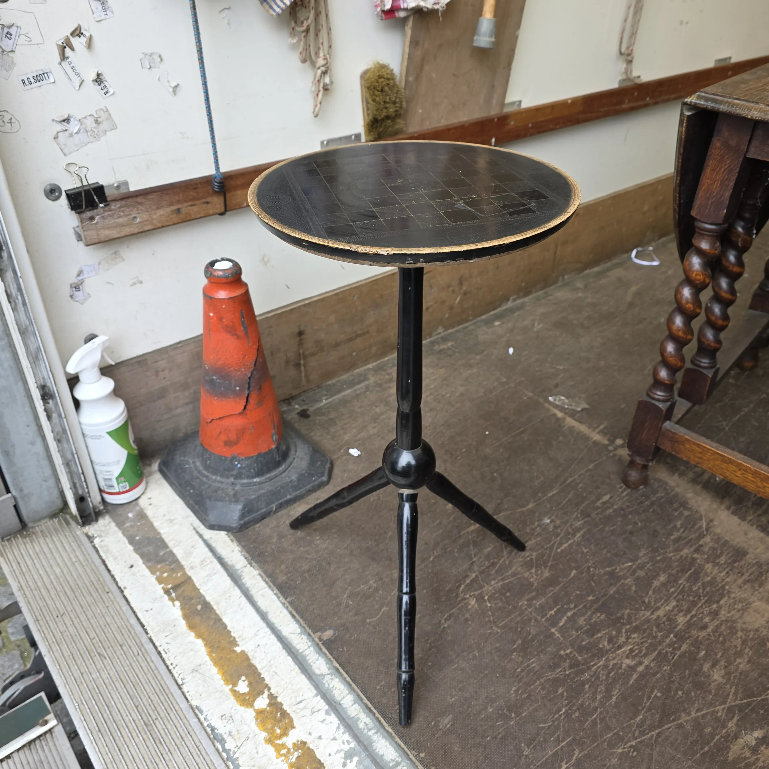 £75 - round ebonized tripod table 36cm across 66cm high