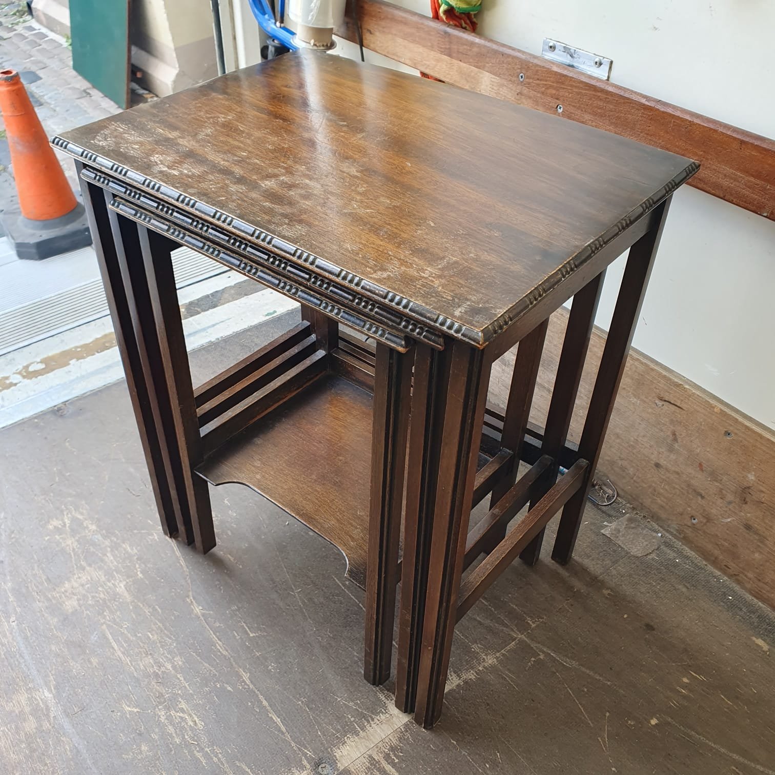 £30 -  nest of tables -  need a little attention  - 47cm wide 34cm deep 53cm high