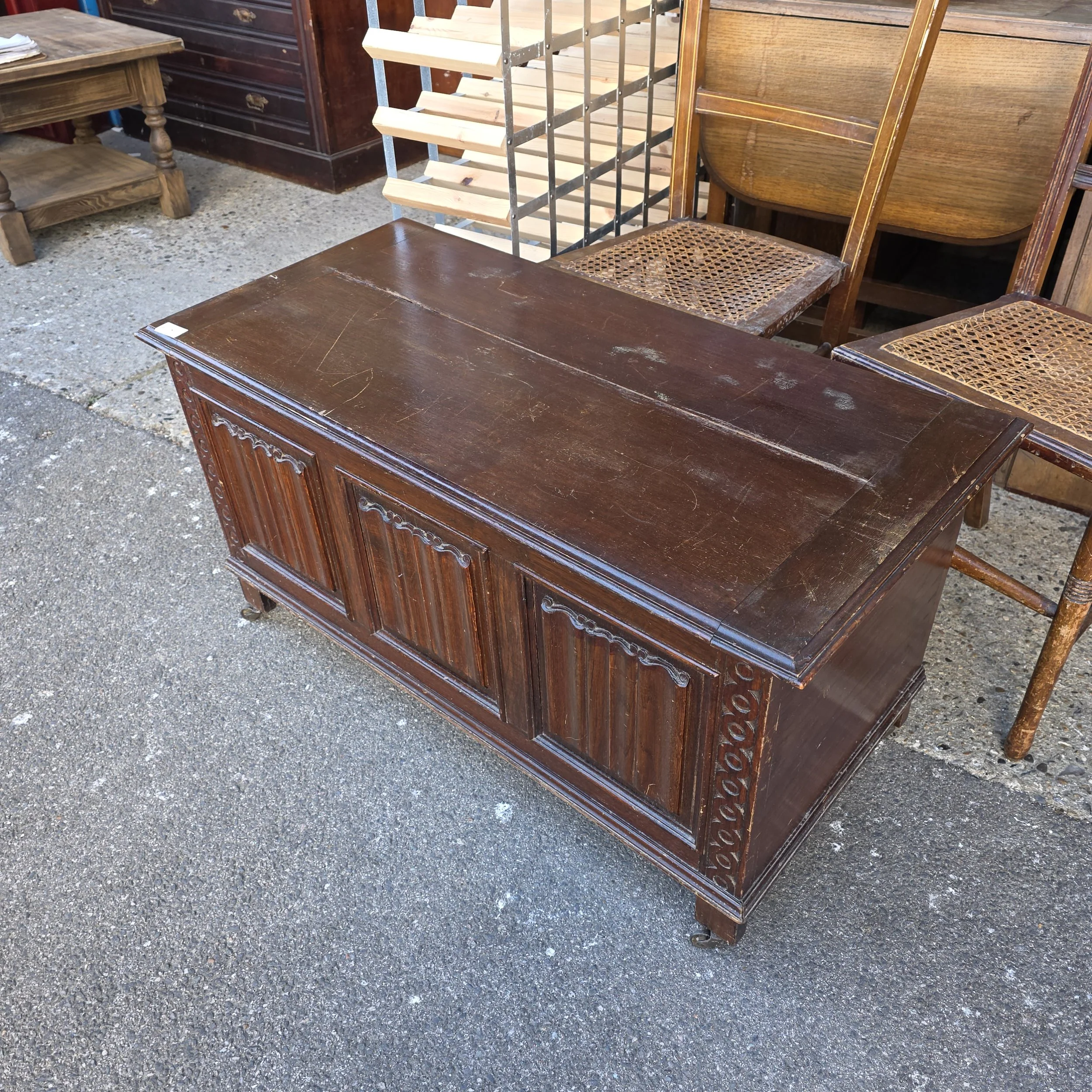 £75 - linenfold box - 92cm wide 45cm deep 48cm high