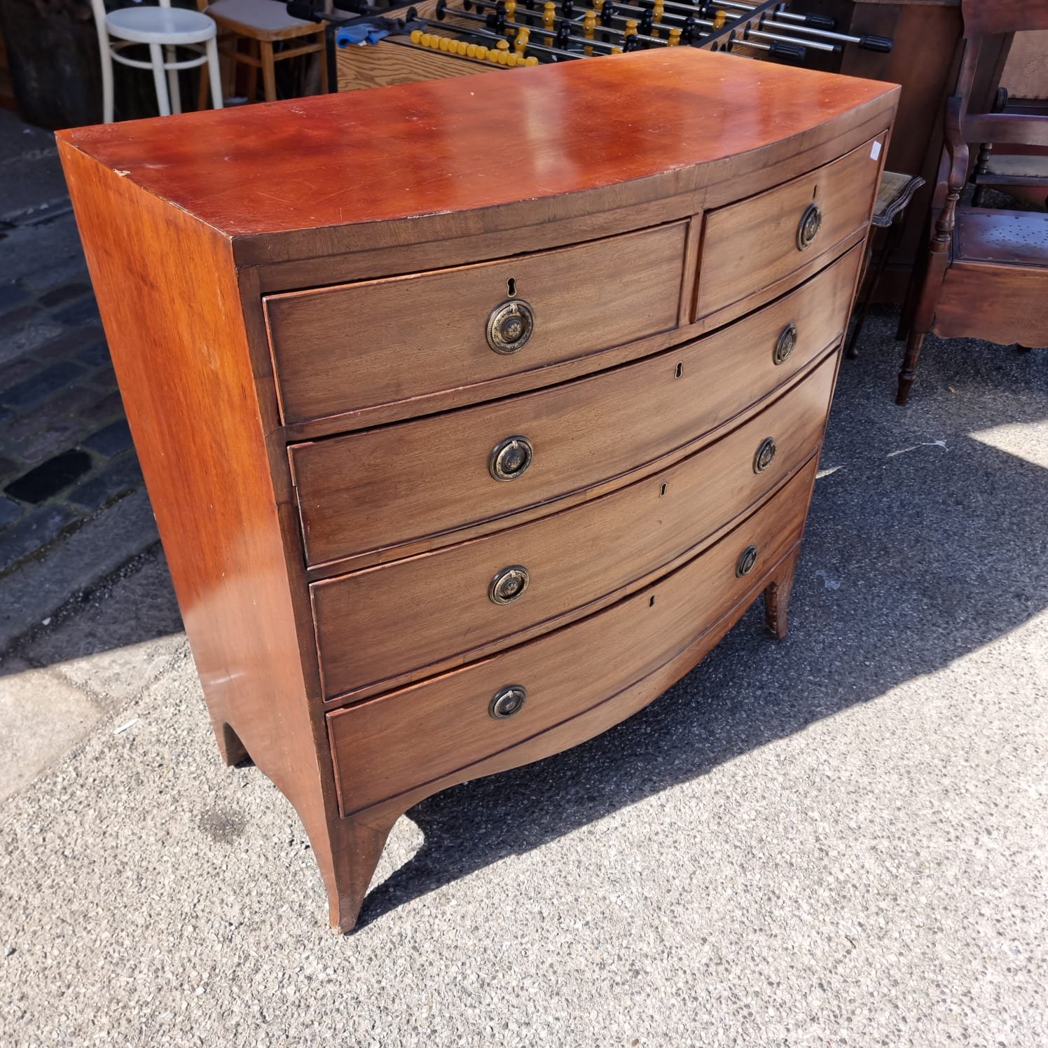 £295 bow front chest of drawers - 107cm wide x 43cm deep x 105cm high - needs loving