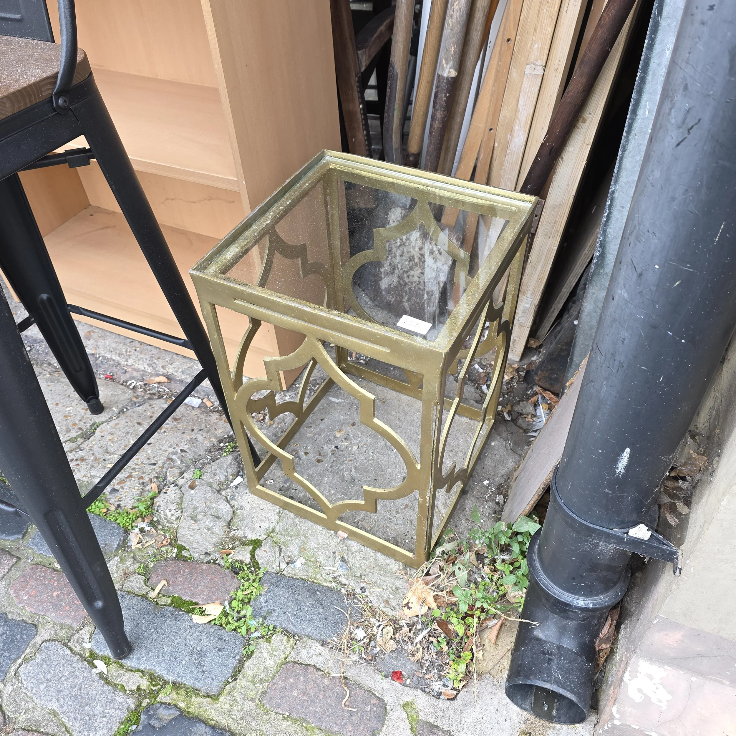 £25 - metal and glass table  - 37cm across 52cm high