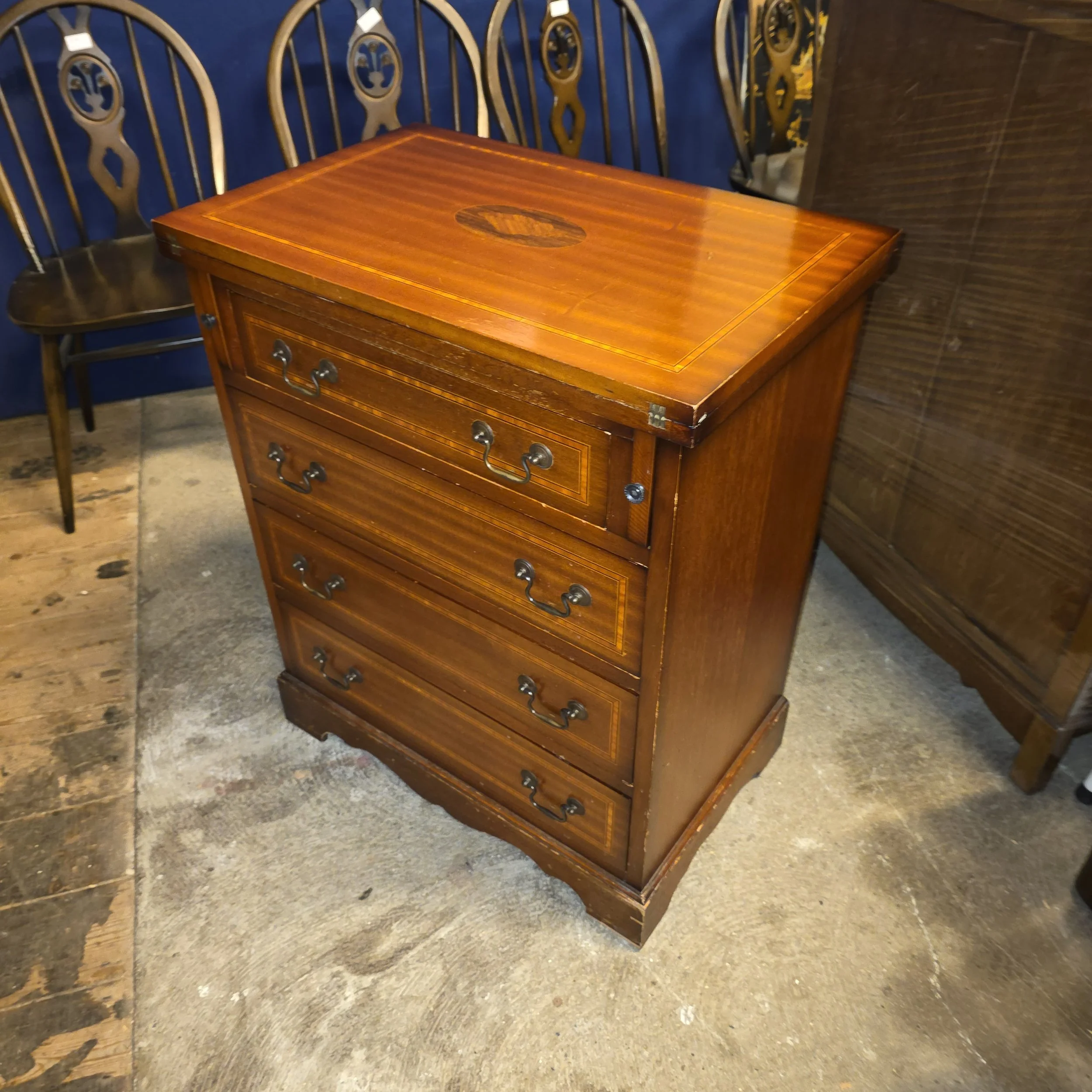£140 - inlaid mahogany chest of drawers withfold over top  - 64cm wide 41cm deep 77cm high