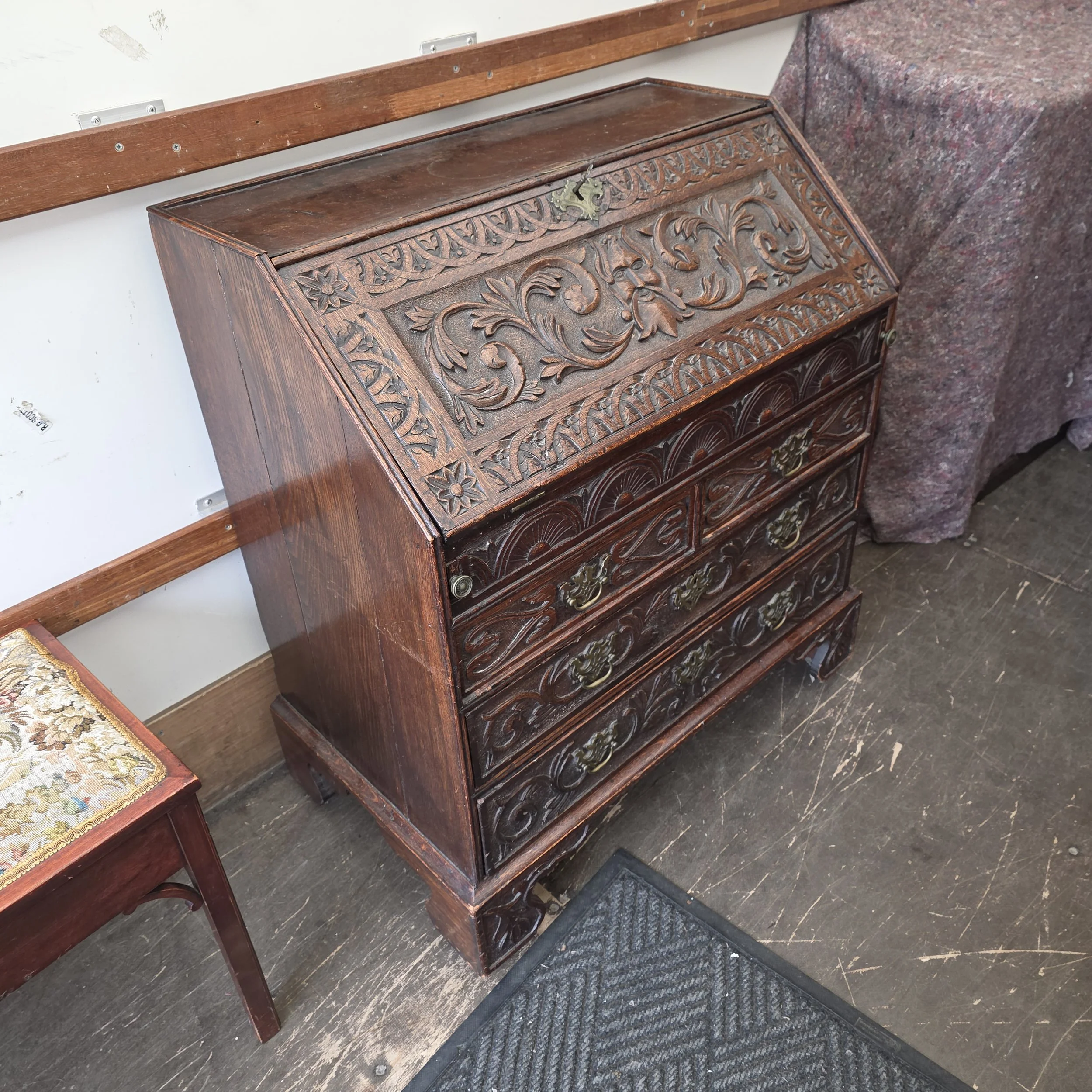 £145 - antique carved oak bureau - 88cm wide 51cm deep 95cm high
