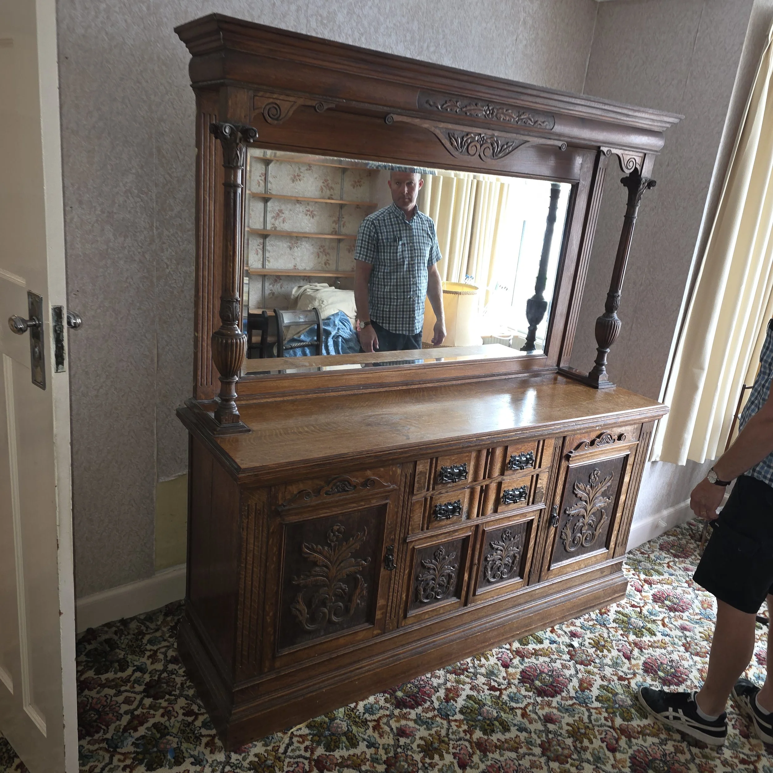 £220 - large carved oak with mirror back sideboard - 185cm wide 55cm deep 202cm high