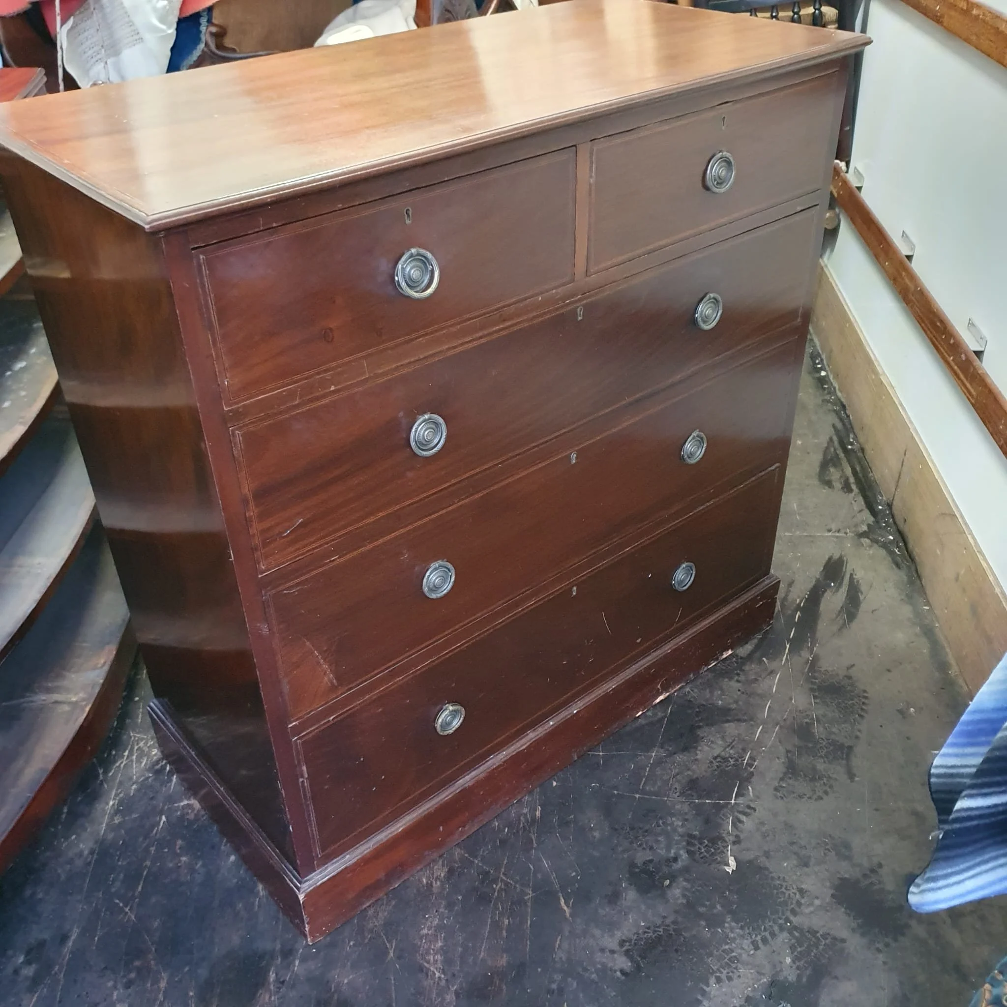 £220 -antique  inlaid mahogany chest of drawers - 107cm wide 50cm deep 107cm high