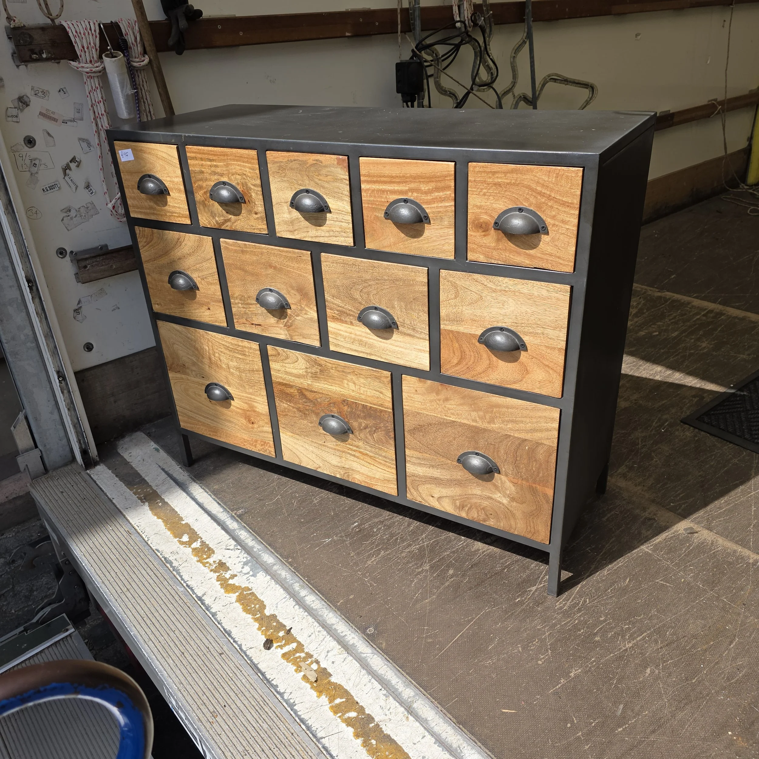 £95 - apothecary chest metal frame 101cm wide 39cm deep 85cm high