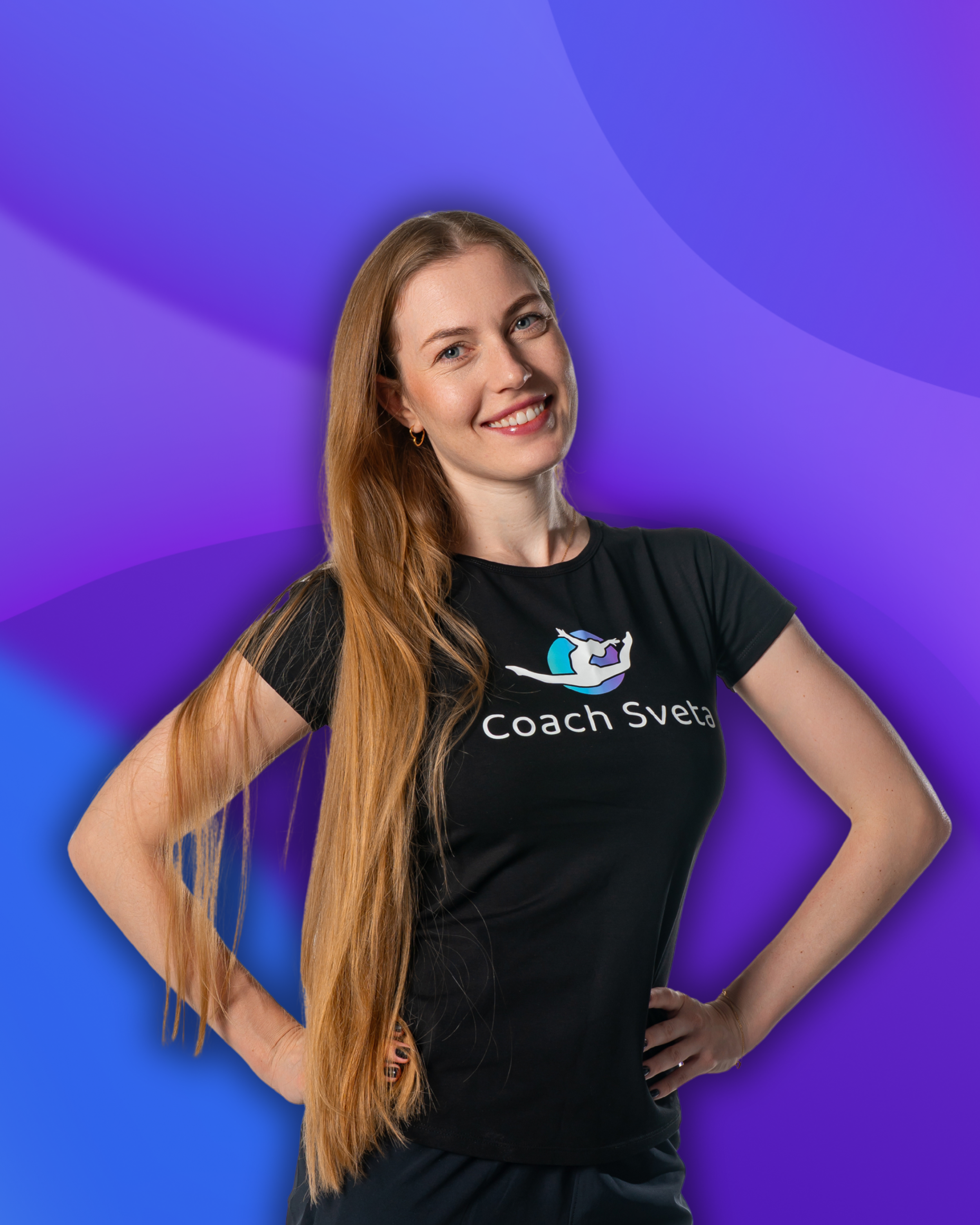 A woman with long red hair smiling and wearing a black t-shirt with the logo 'Coach Sveta' on a purple background with gradient shapes.