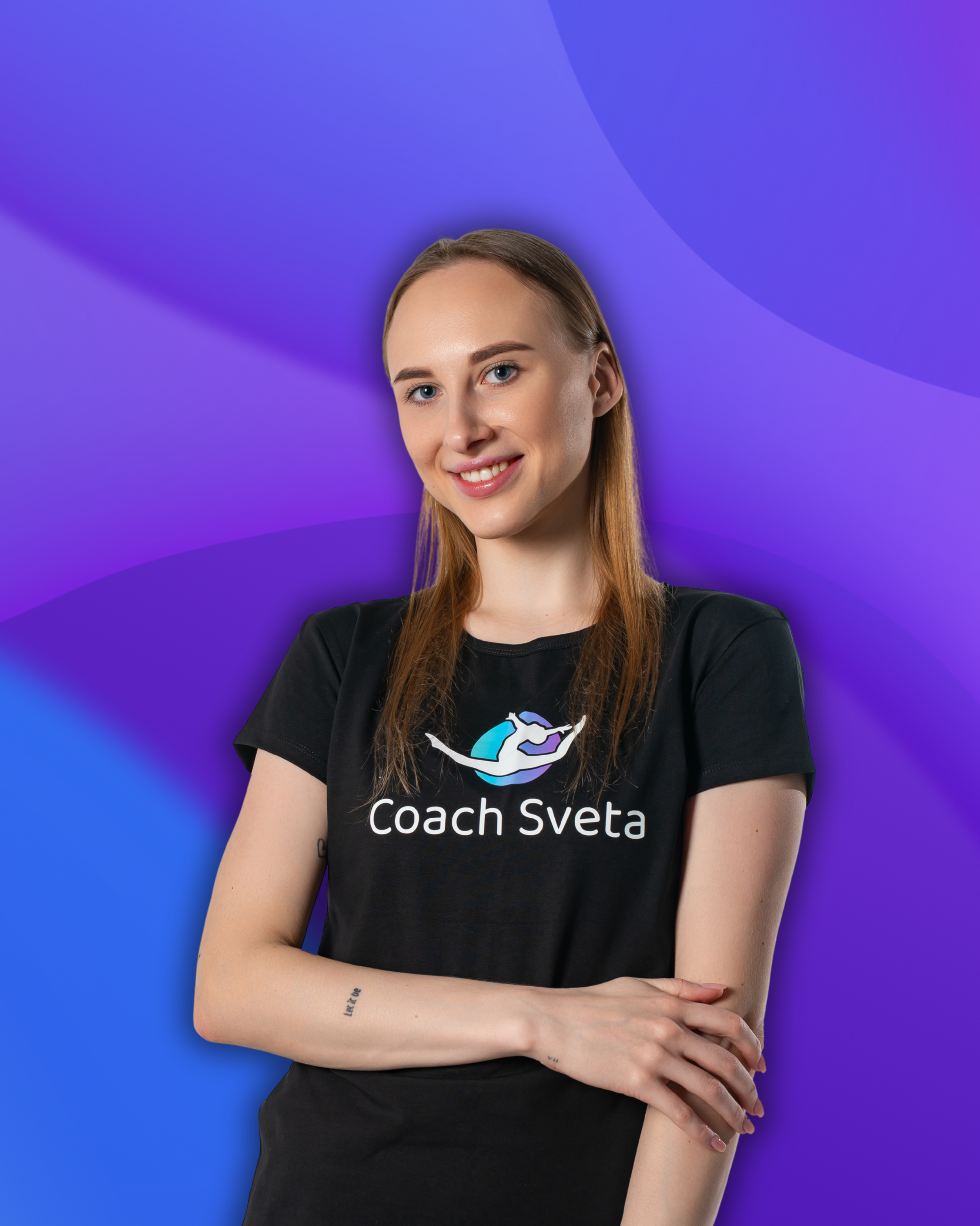 A young woman with long red hair, smiling and wearing a black T-shirt with the text 'Coach Sveta' and a logo. She is standing against a vibrant gradient background of blue and purple shades.