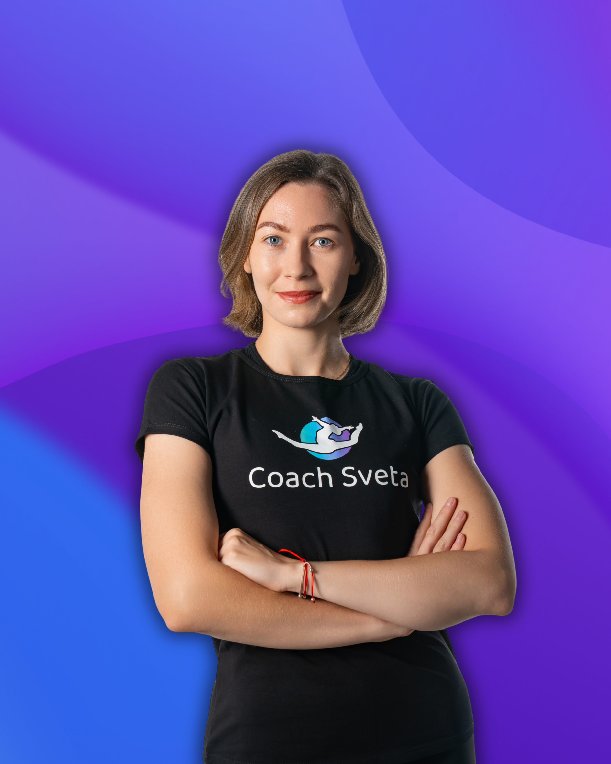 A woman with shoulder-length brown hair and blue eyes is standing with her arms crossed, wearing a black T-shirt with a logo and the words "Coach Sveta" on it, set against a purple and blue gradient background with abstract shapes.