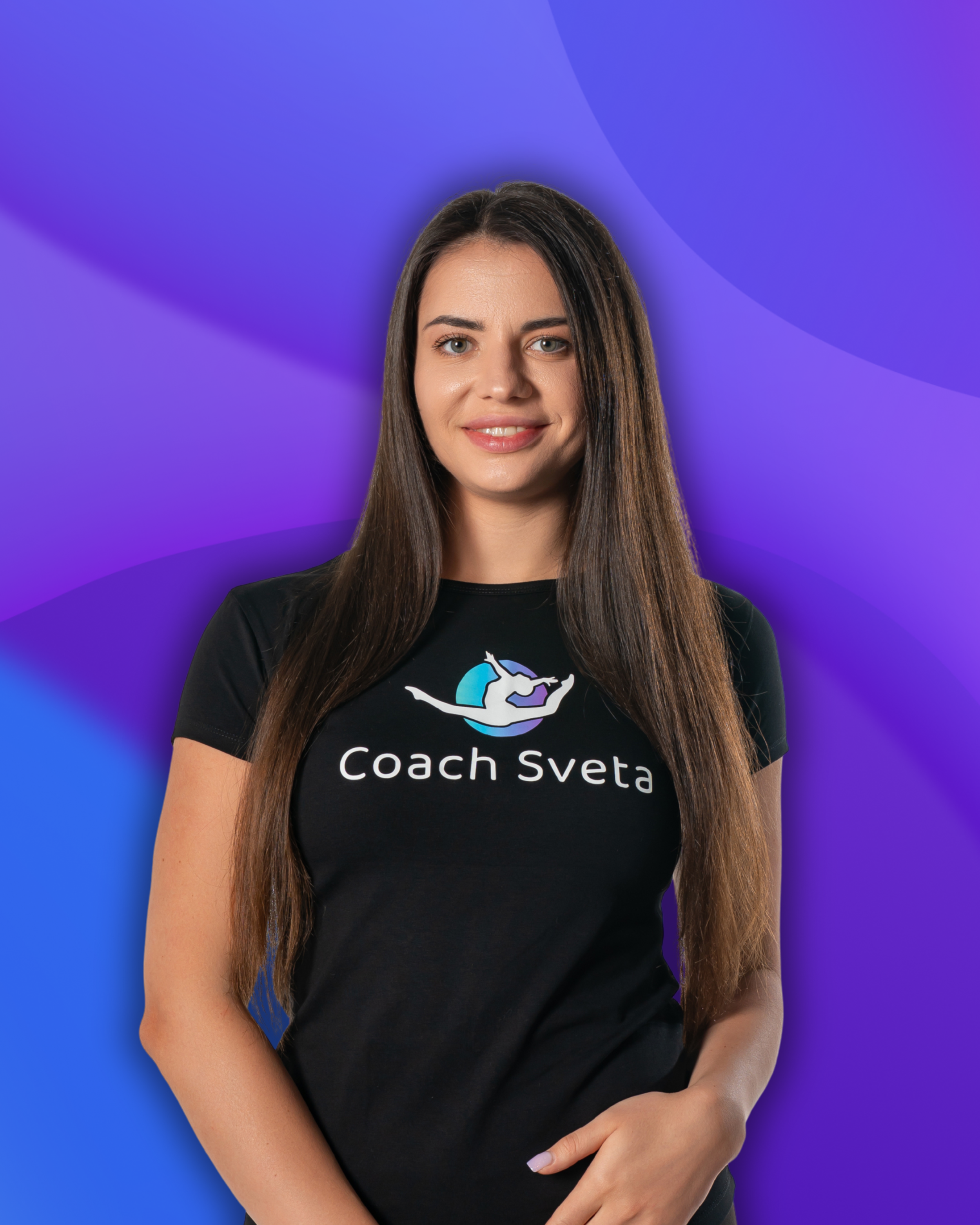 Young woman with long brown hair wearing a black t-shirt with a logo and text 'Coach Svet', smiling against a gradient purple and blue background.
