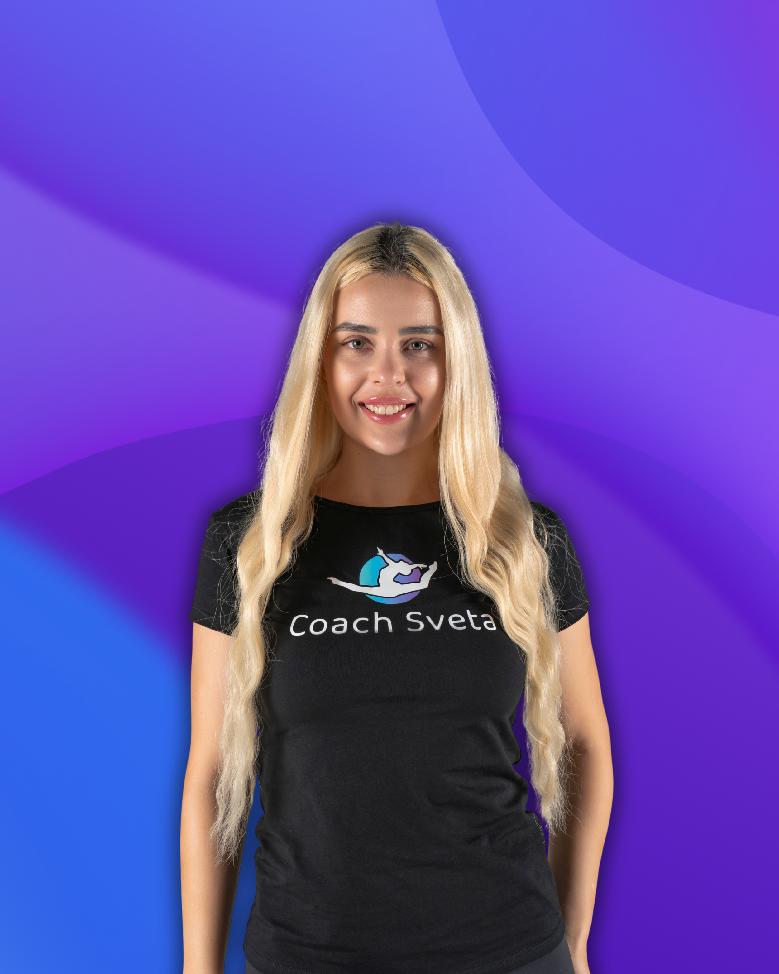 A young woman with long blonde hair smiling, wearing a black t-shirt with a logo and the words 'Coach Sveta', standing against a purple and blue gradient background.