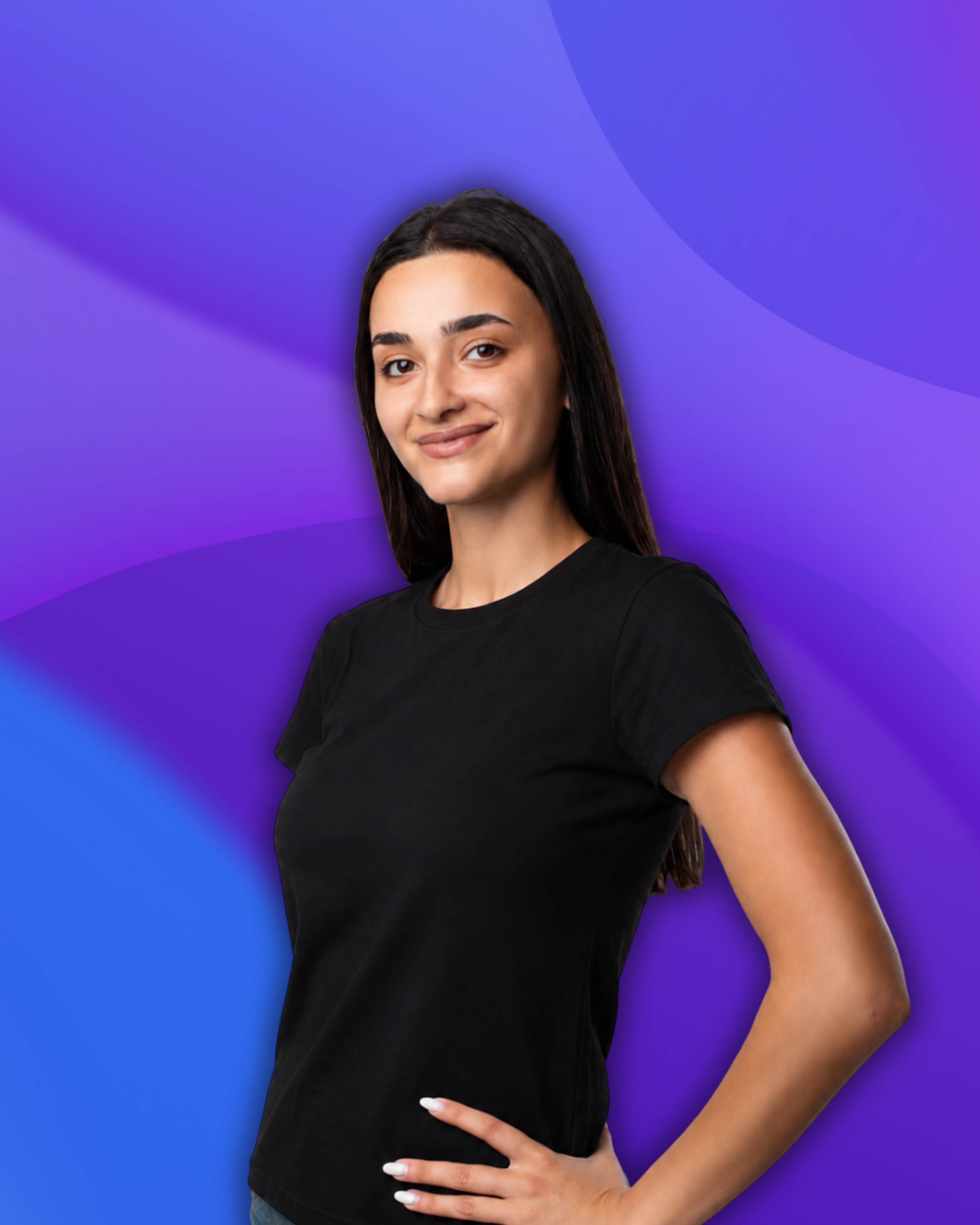 A woman with long dark hair wearing a black T-shirt against a purple and blue abstract background.