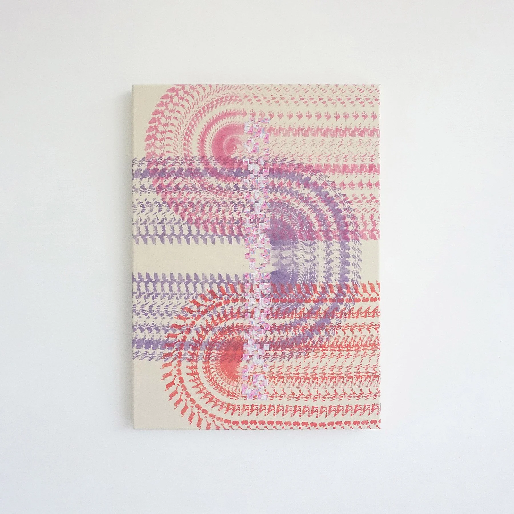   Luísa Ramires   Crossing, 2025  Screen printing monotype with pigment based ink and DTF digital print on cotton fabric, measuring 70 x 50 x 4 cm / 27 ⁹/₁₆ x 19 ¹¹/₁₆ x 1 ³⁷/₆₄ in. Unique artwork. 