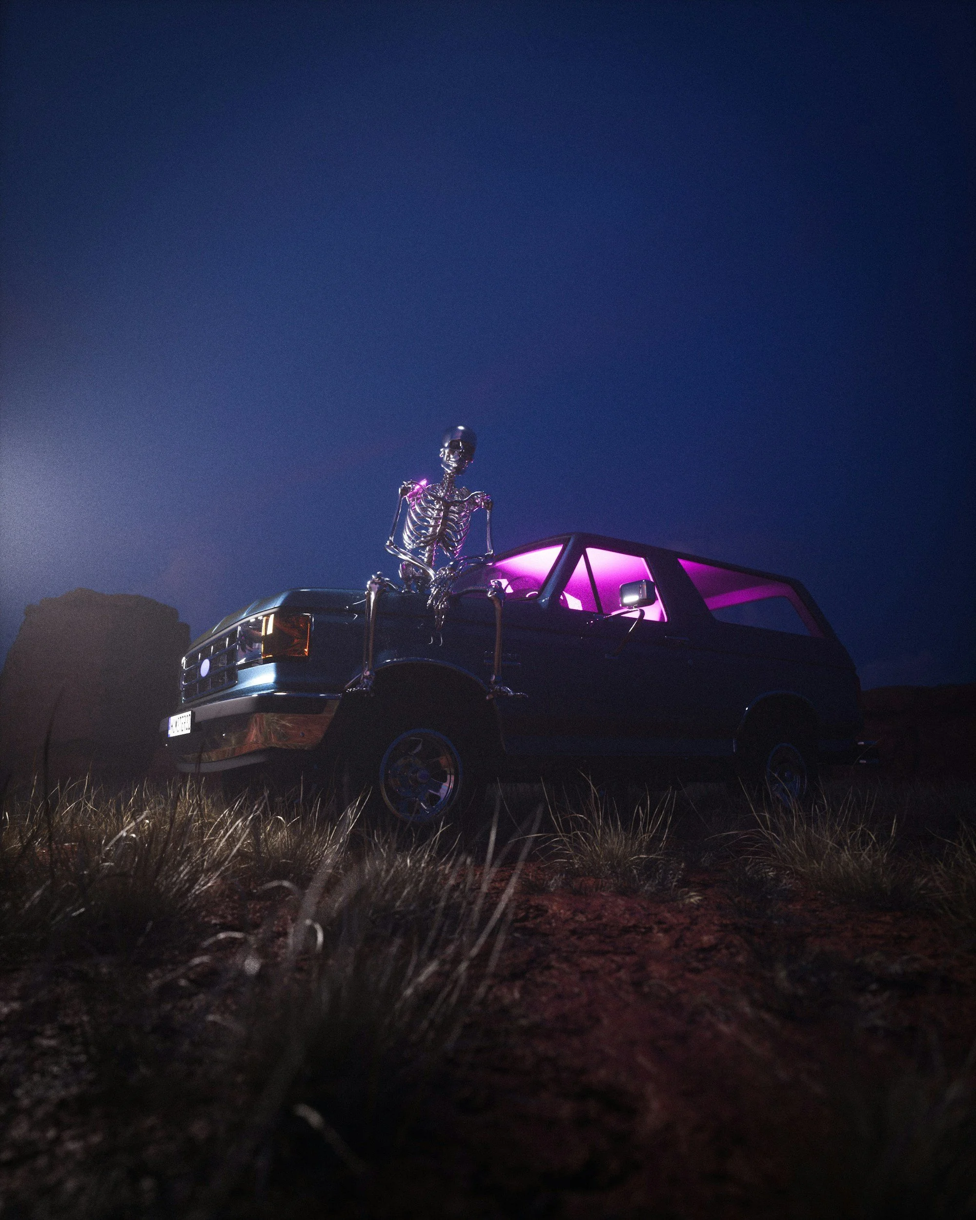 Free consultation: image of a skeleton sitting atop a car